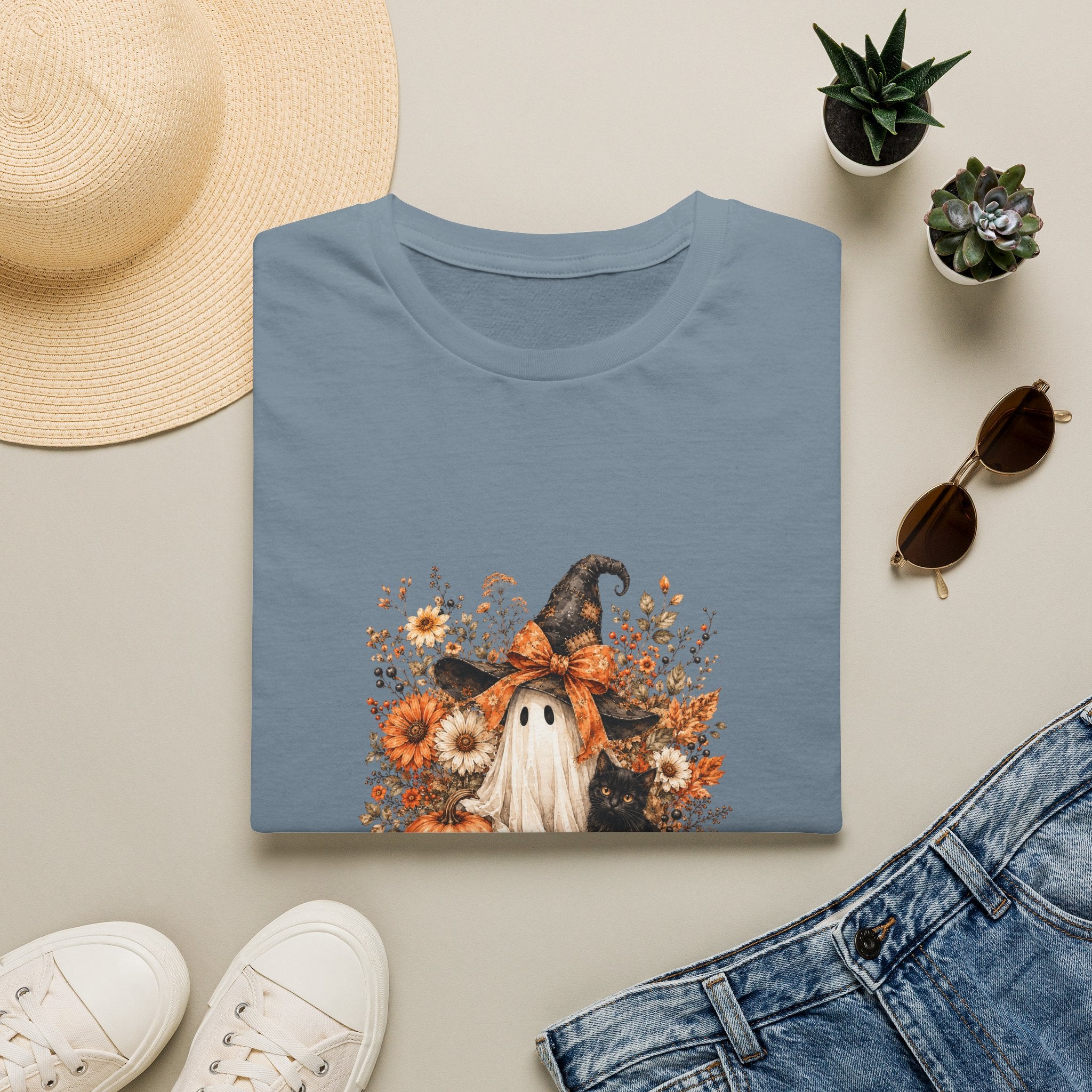 Halloween Witch Ghost & Cat T-Shirt — Cute Spooky Gift for Women Fall Floral Tee