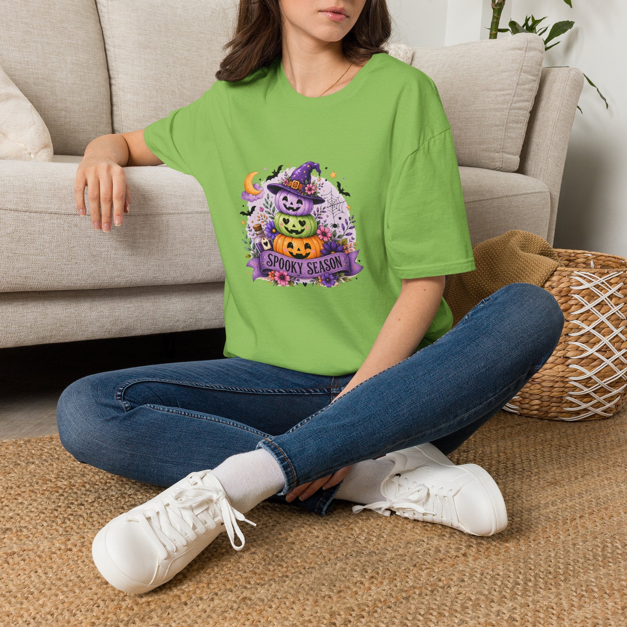 Spooky Season Pumpkin Stack T-Shirt — Cute Halloween Gift for Women Witch Hat Tee