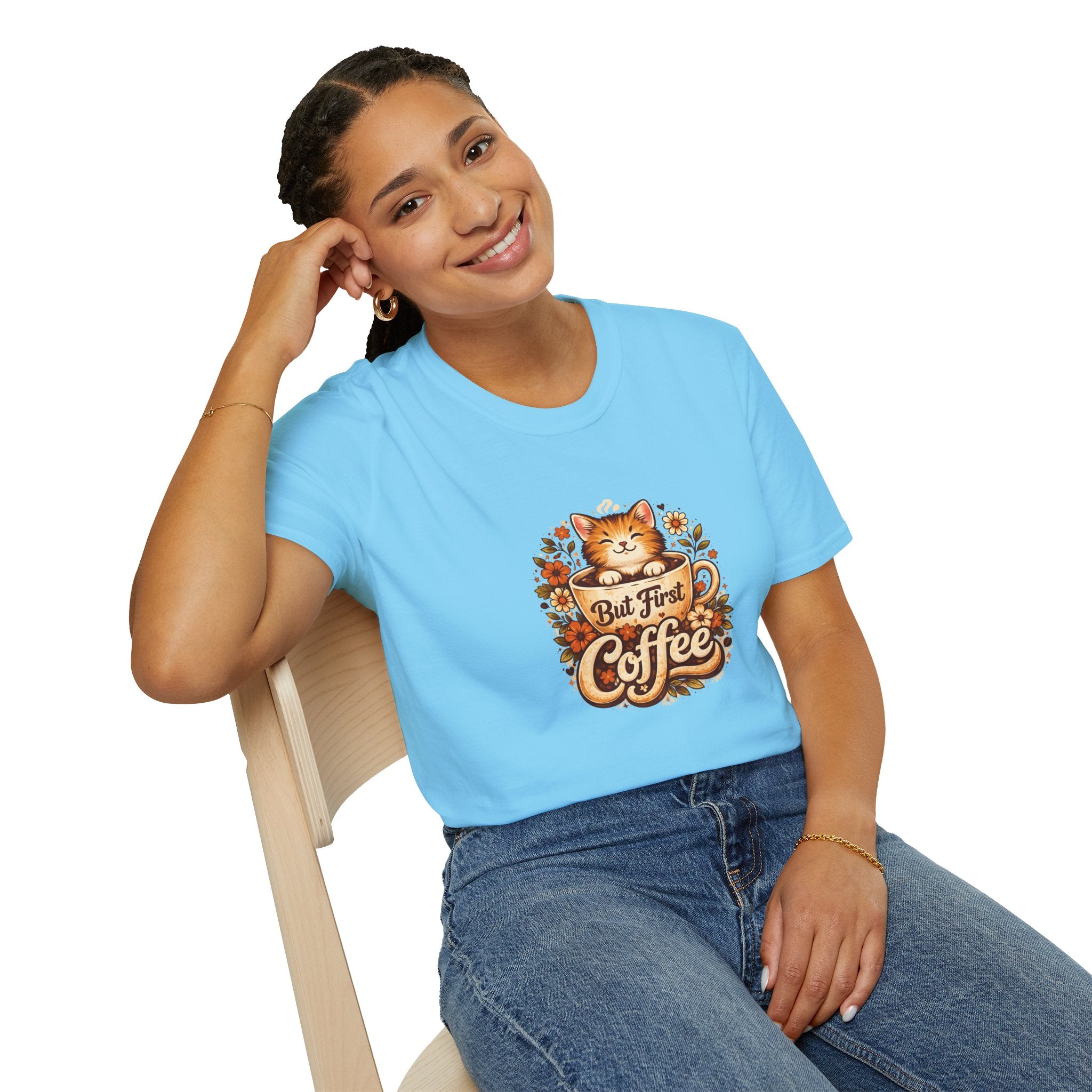 But First Coffee Cat T-Shirt — Cute Floral Gift for Coffee Lovers Women's Tee
