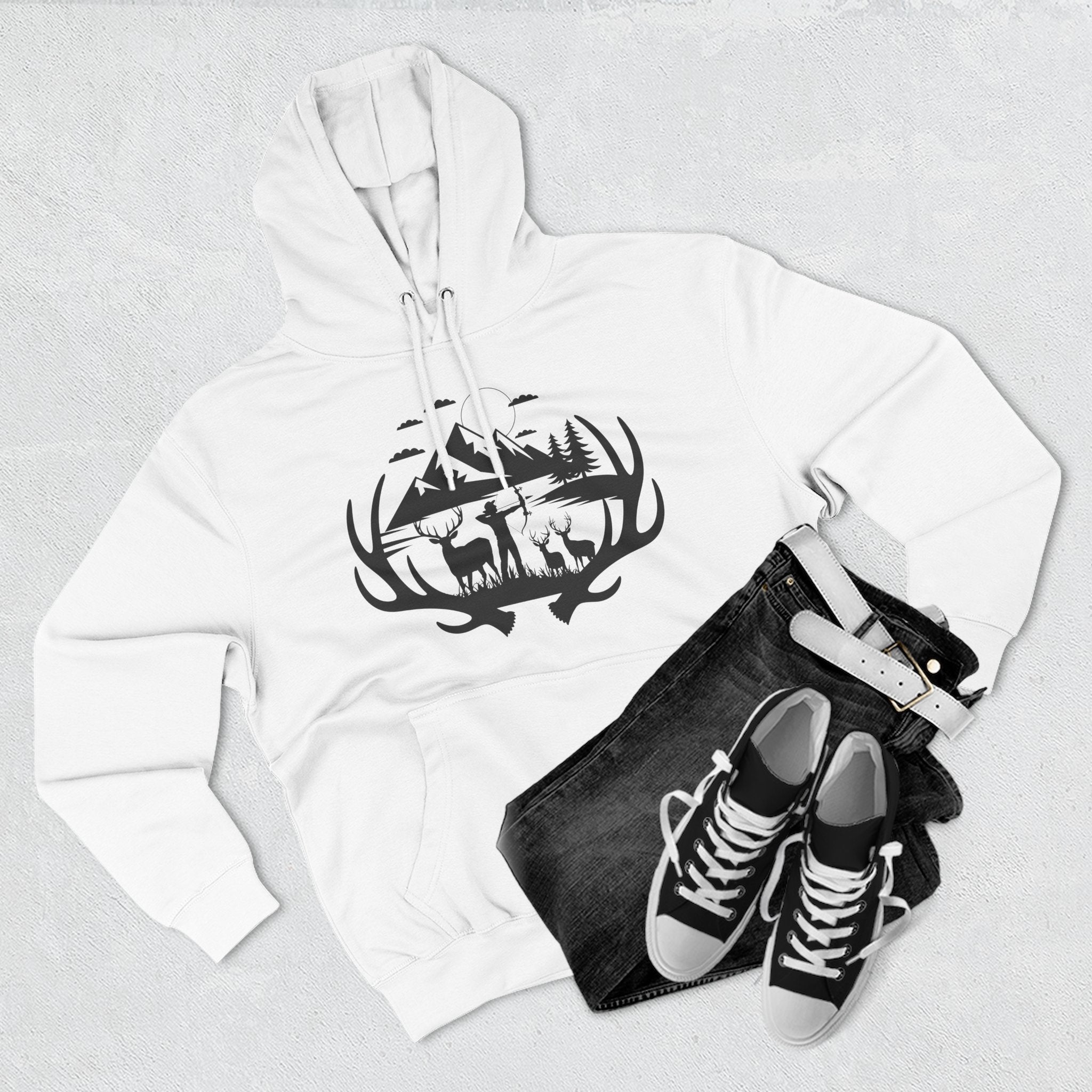Deer Antler Mountain Hoodie — Rustic Outdoor Gift for Him Wildlife Graphic Pullover