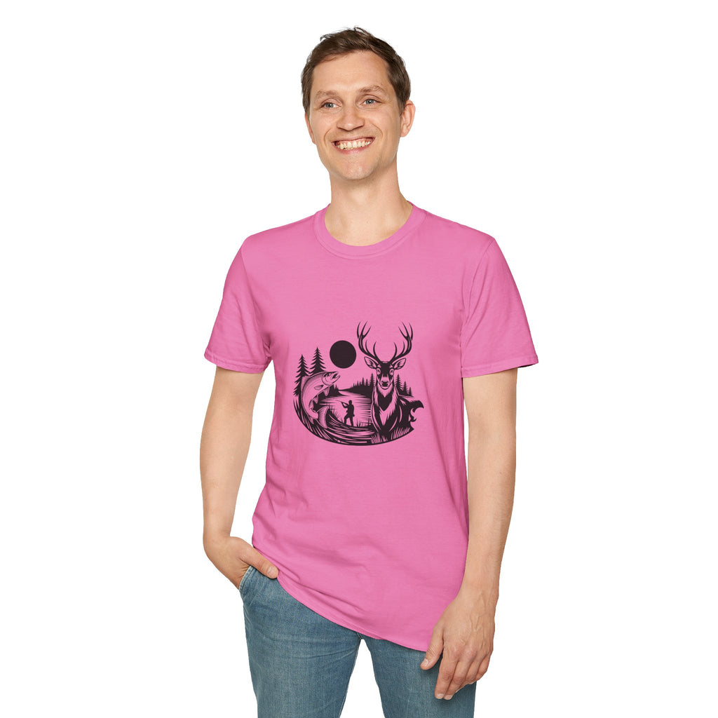 Deer & Fish Forest Silhouette T-Shirt — Rustic Outdoor Gift for Hunters Graphic Tee