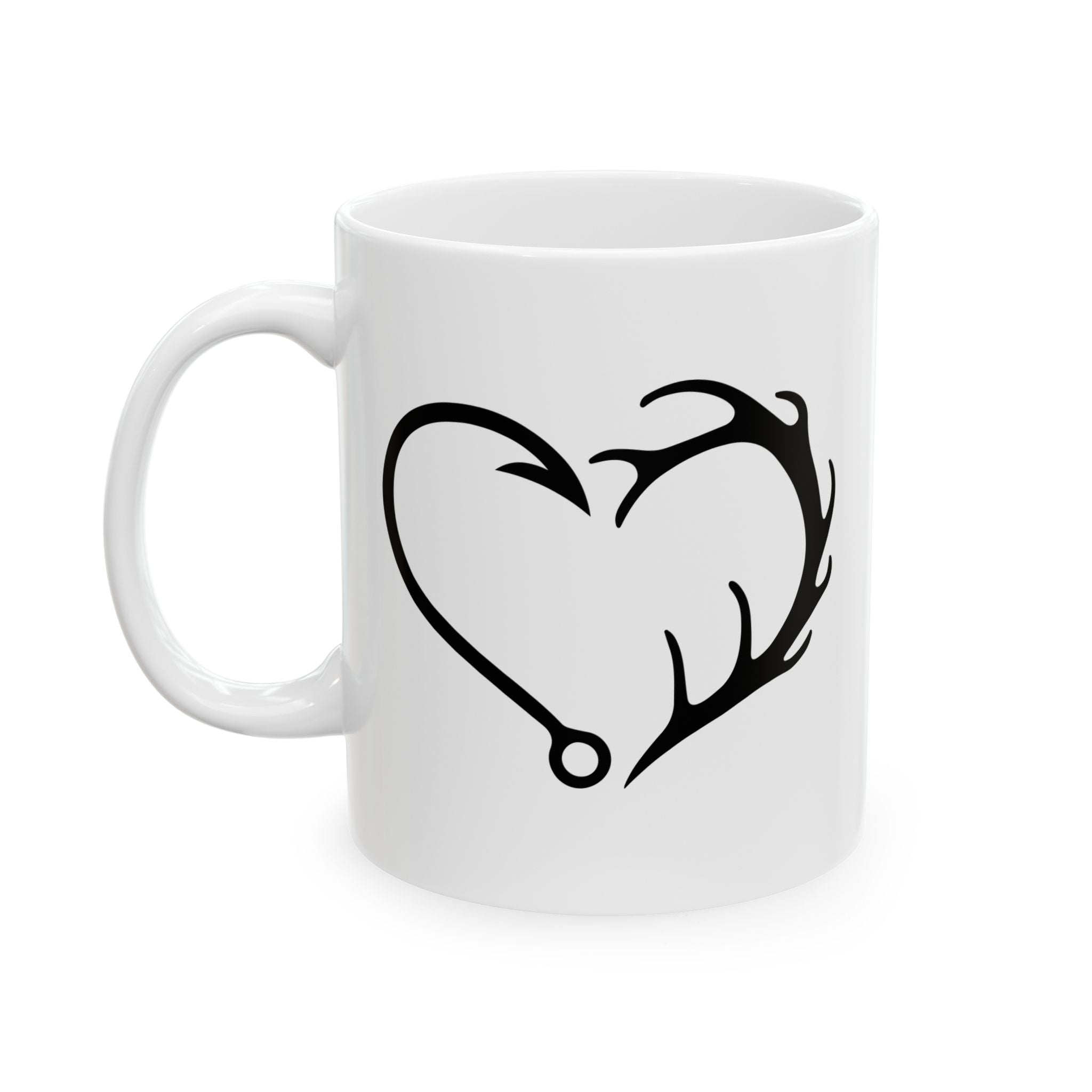 Antler Heart Ceramic Mug — Rustic Deer & Fishing Hook Gift for Him Coffee Cup 11oz 15oz