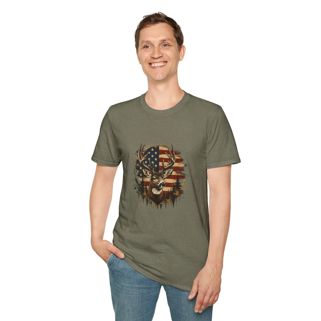 American Flag Deer T-Shirt — Patriotic Buck Gift for Hunters Men's Graphic Tee