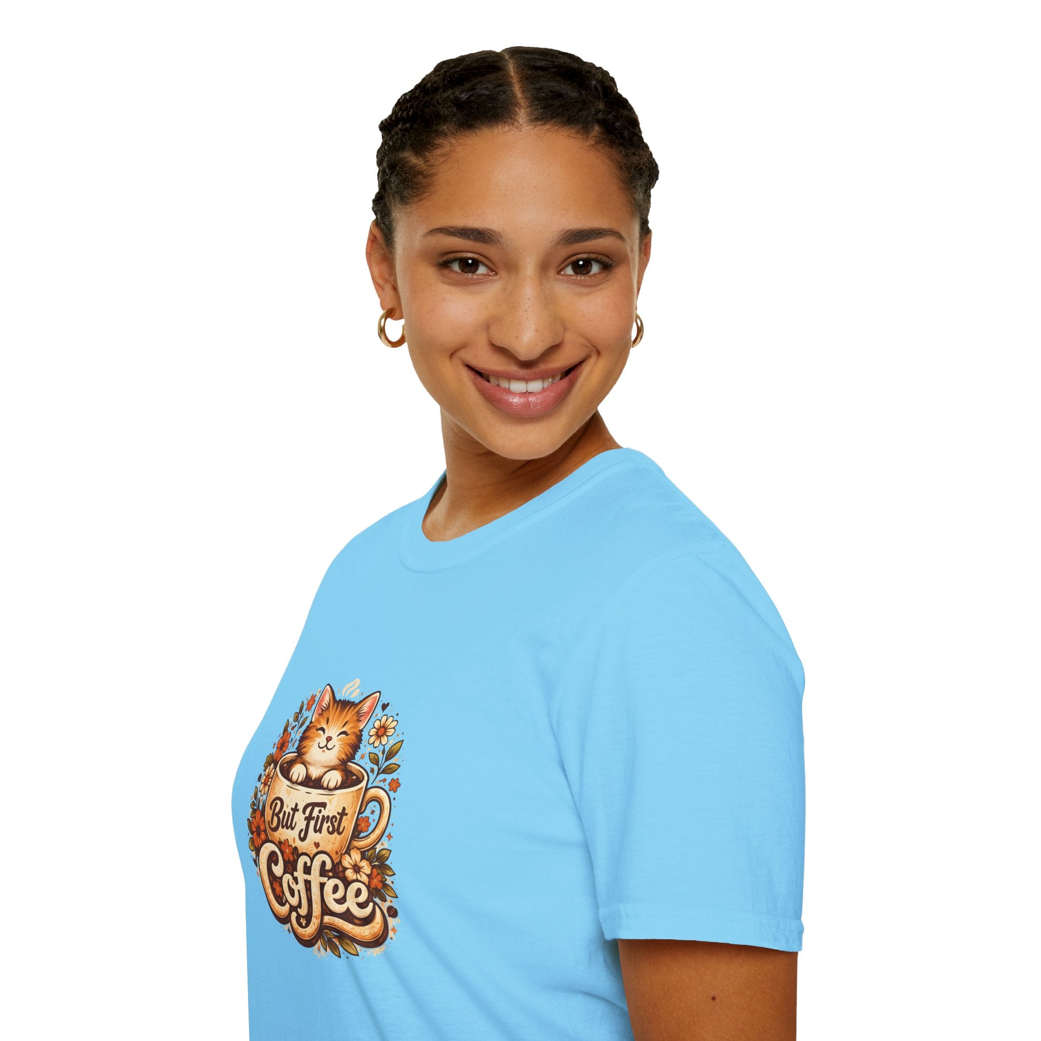 But First Coffee Cat T-Shirt — Cute Floral Gift for Coffee Lovers Women's Tee