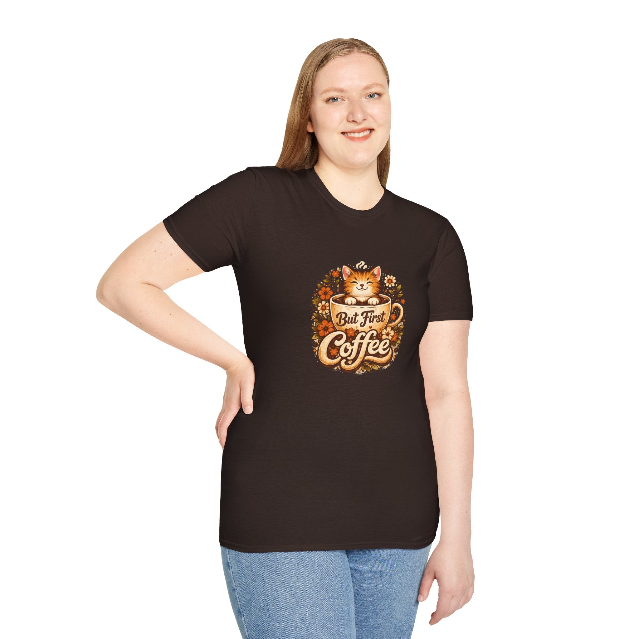 But First Coffee Cat T-Shirt — Cute Floral Gift for Coffee Lovers Women's Tee