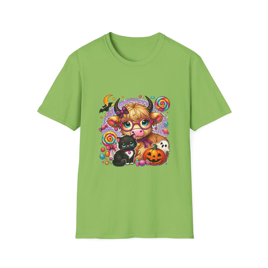 Cute Halloween Cow T-Shirt — Funny Gift for Her Candy Pumpkins & Kitty Costume Tee
