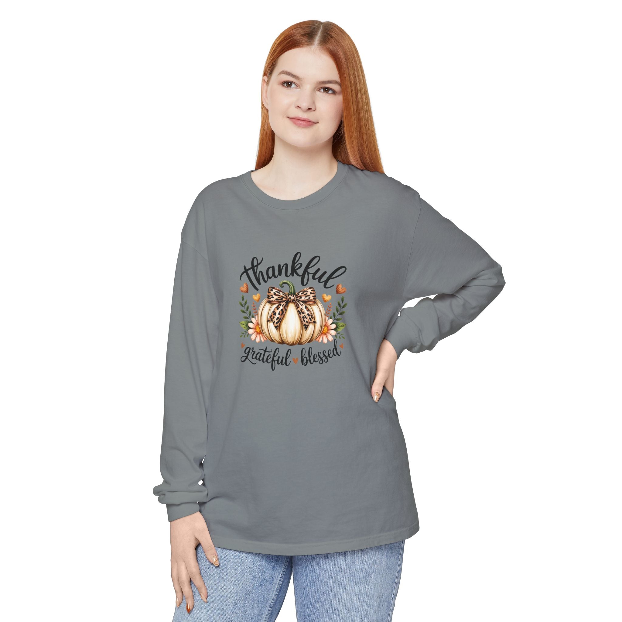 Thankful Grateful Blessed Pumpkin Long Sleeve — Cute Fall Thanksgiving Gift for Women