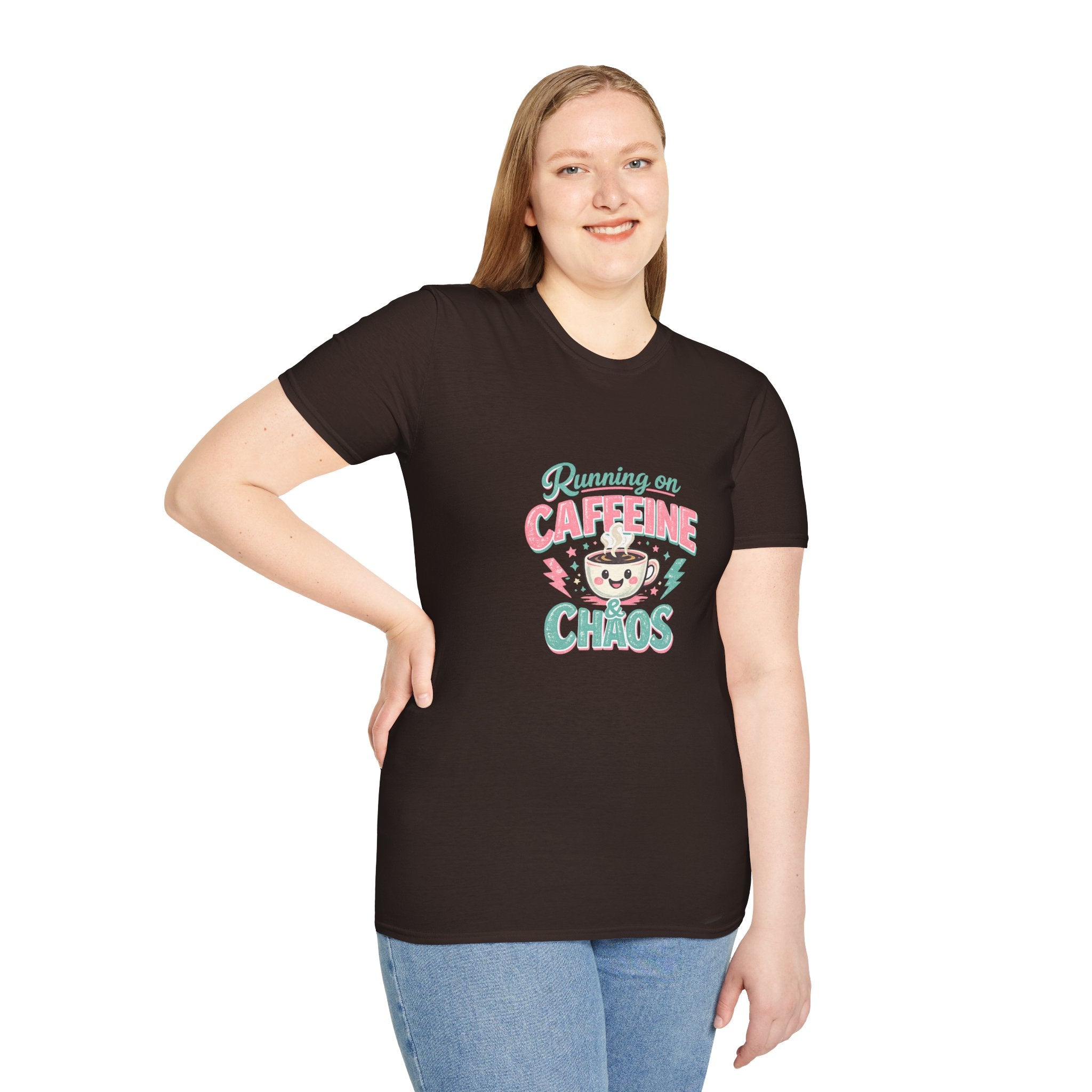 Running on Caffeine & Chaos T-Shirt — Funny Gift for Coffee Loving Moms Graphic Tee