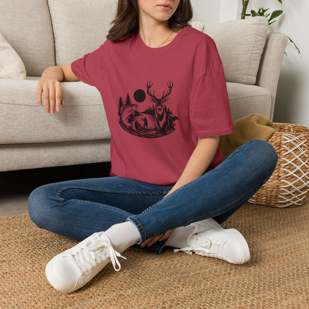 Deer & Fish Forest Silhouette T-Shirt — Rustic Outdoor Gift for Hunters Graphic Tee