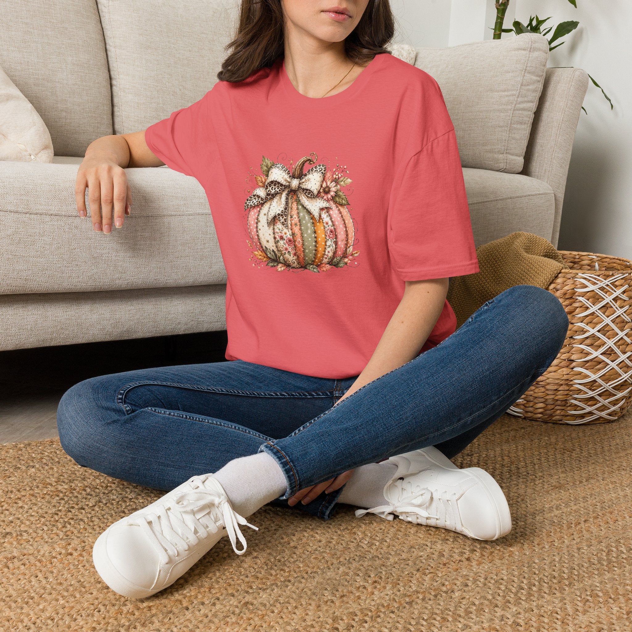 Autumn Floral Pumpkin Leopard Bow T-Shirt — Cute Fall Gift for Women Graphic Tee
