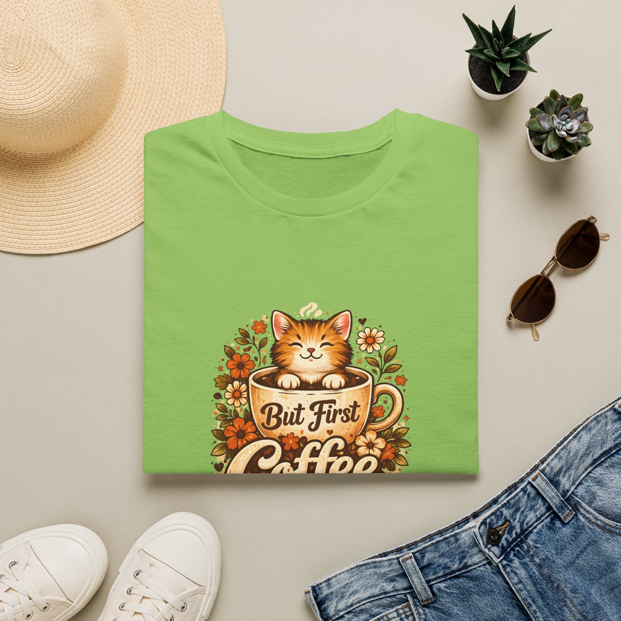 But First Coffee Cat T-Shirt — Cute Floral Gift for Coffee Lovers Women's Tee