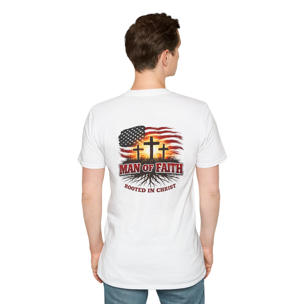 Man of Faith Rooted in Christ T-Shirt — Christian Gift for Him Flag & Cross Back Print Graphic Tee