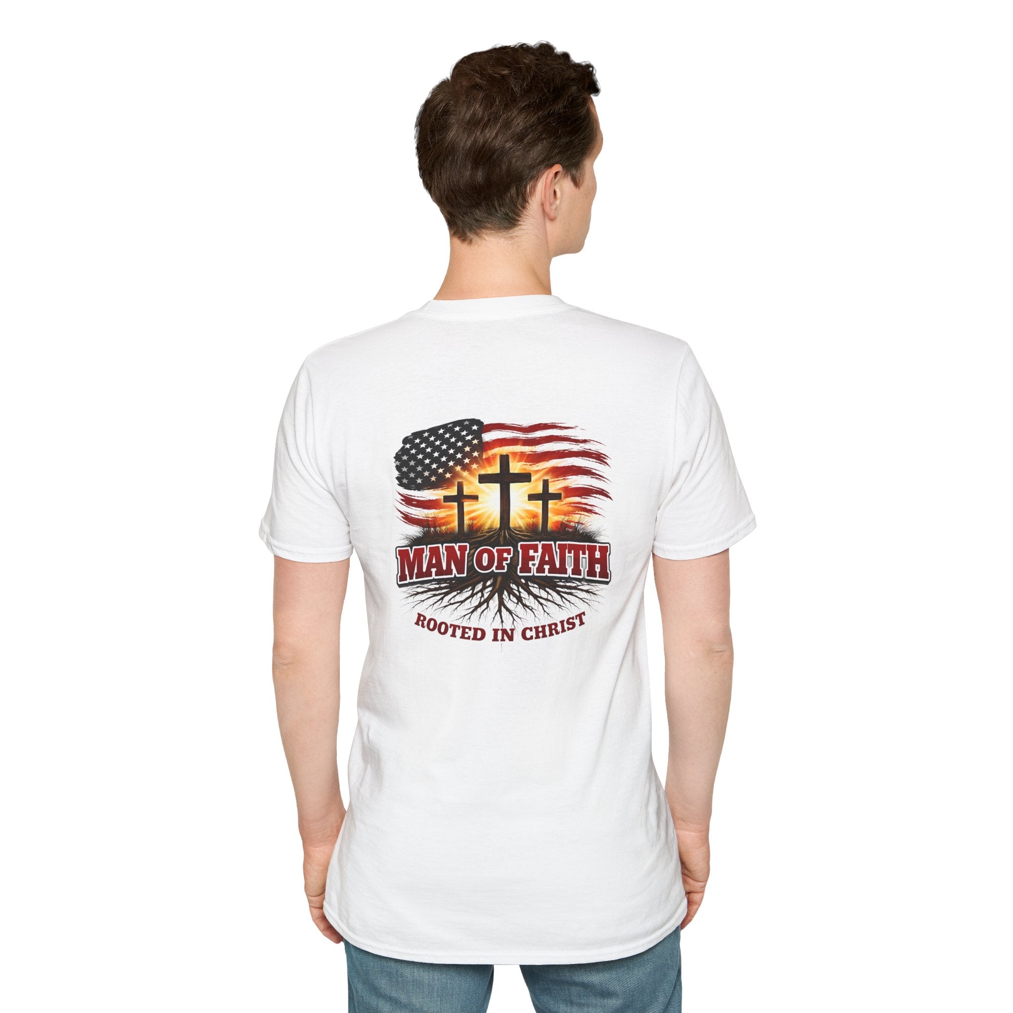 Man of Faith Rooted in Christ T-Shirt — Christian Gift for Him Flag & Cross Back Print Graphic Tee