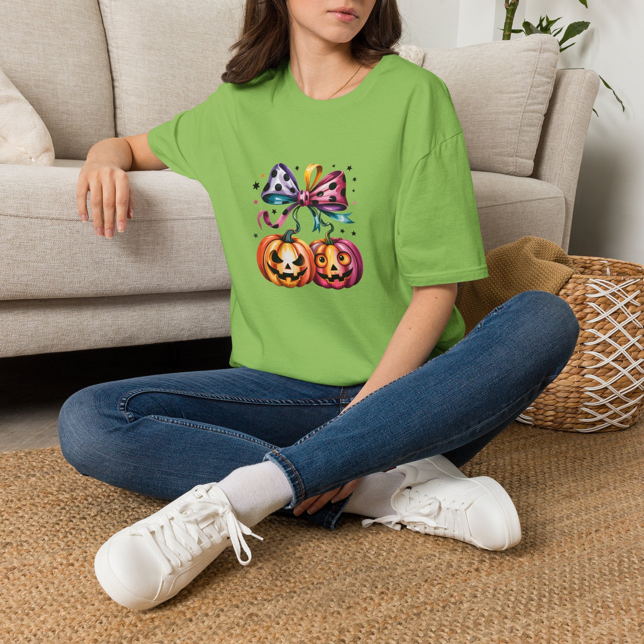 Halloween Pumpkin Bow T-Shirt — Cute Colorful Gift for Women Jack-O'-Lantern Tee