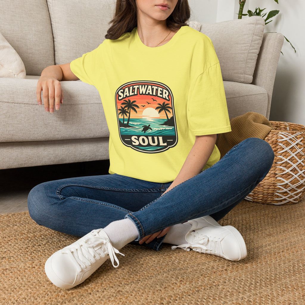 Saltwater Soul Retro Beach T-Shirt — Cute Coastal Gift for Women Sunset Palm Tee