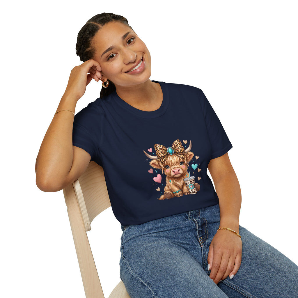 Highland Cow Leopard Bow T-Shirt — Cute Funny Gift for Her Hearts Graphic Tee