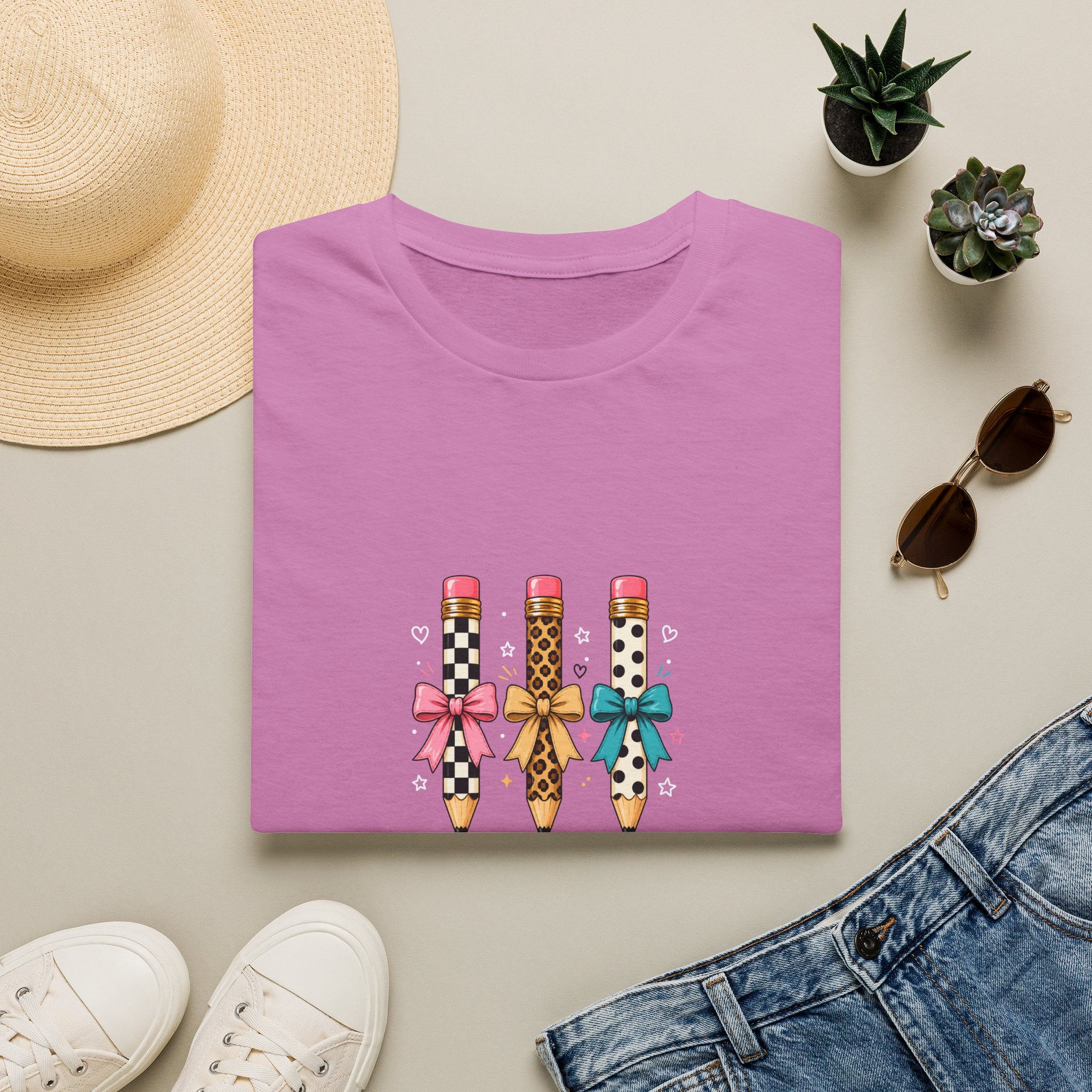 Pencil Trio Graphic T-Shirt — Cute Patterned Pencils with Bows