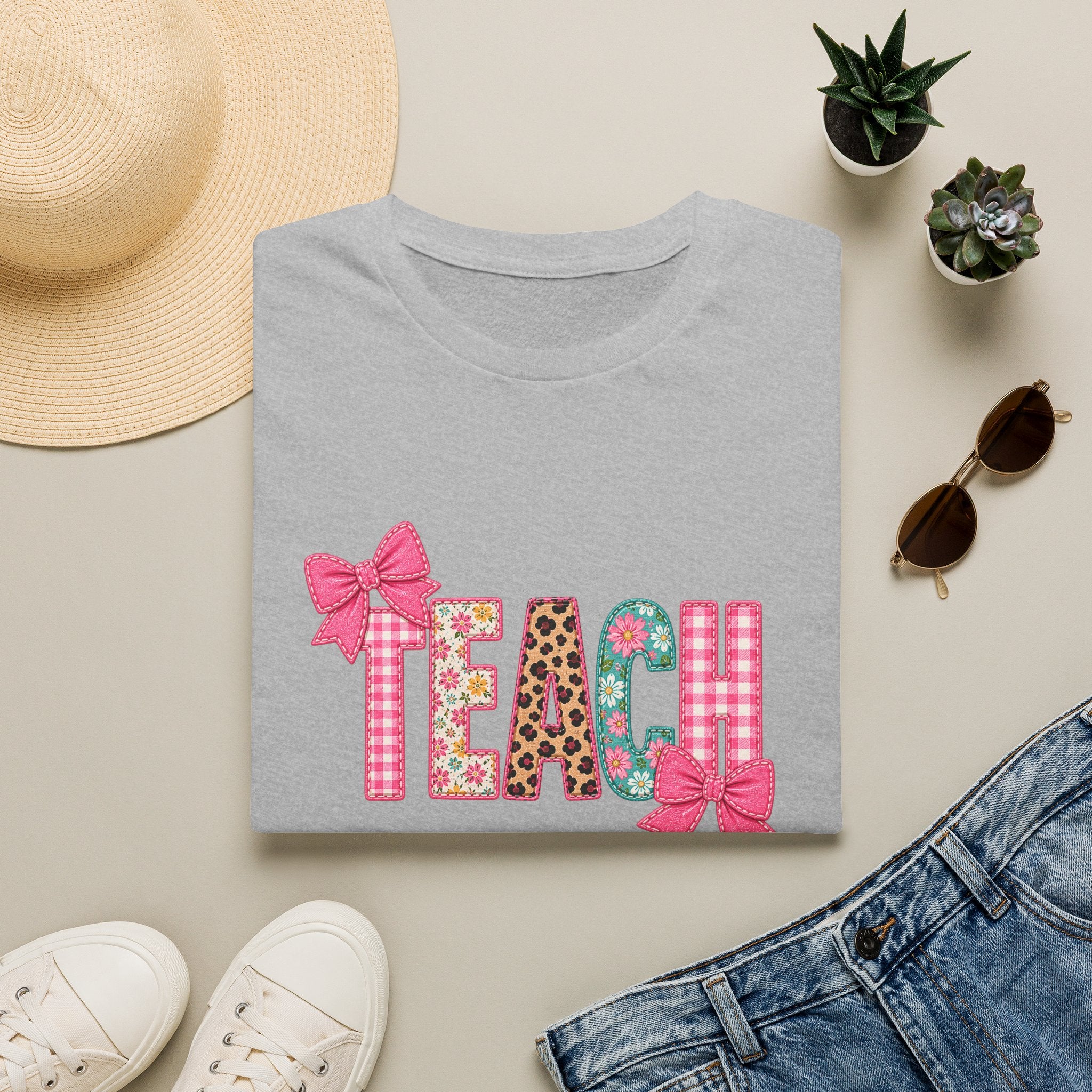 Floral Leopard TEACH T-Shirt — Cute Back-to-School Gift for Teachers Pink Bow Tee