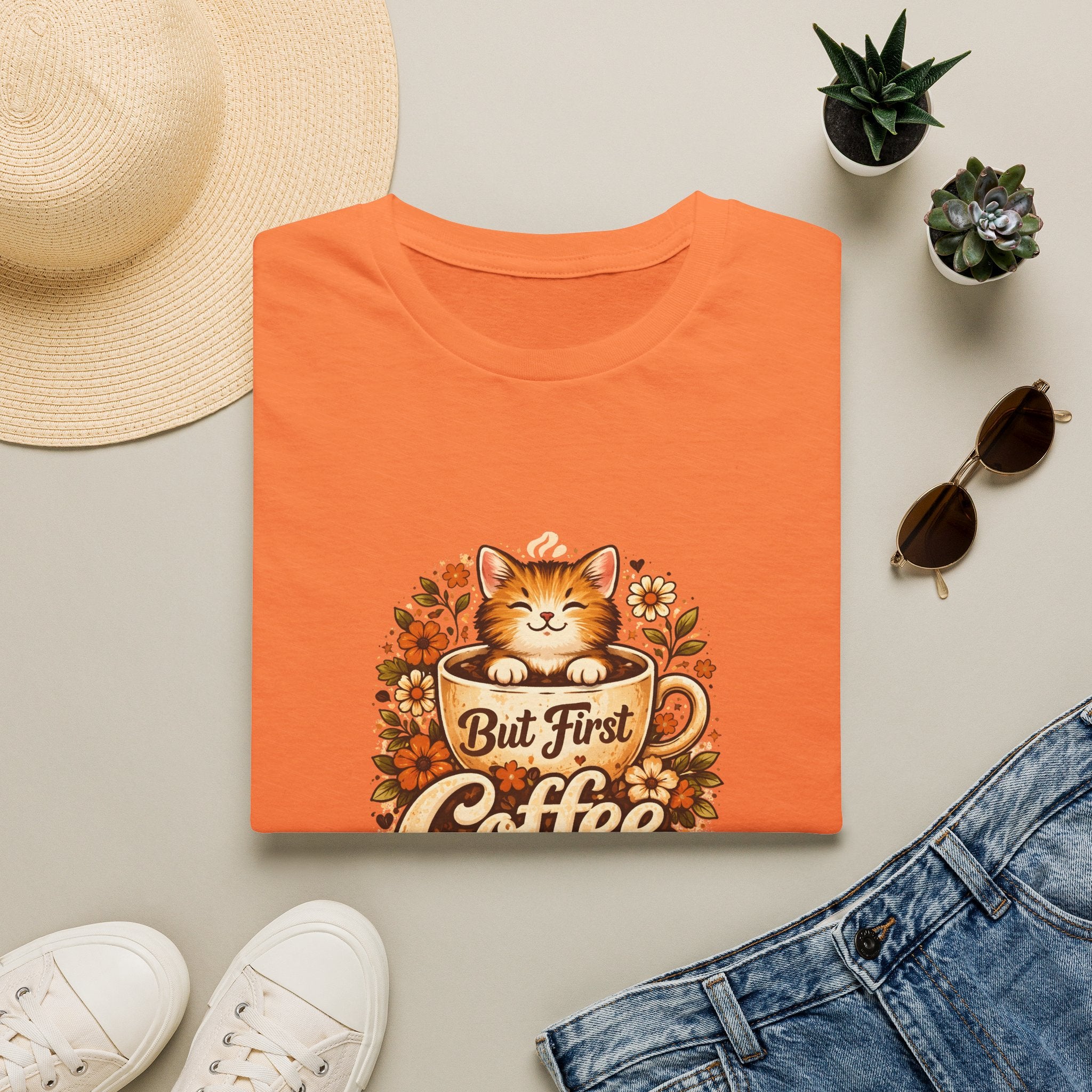 But First Coffee Cat T-Shirt — Cute Floral Gift for Coffee Lovers Women's Tee