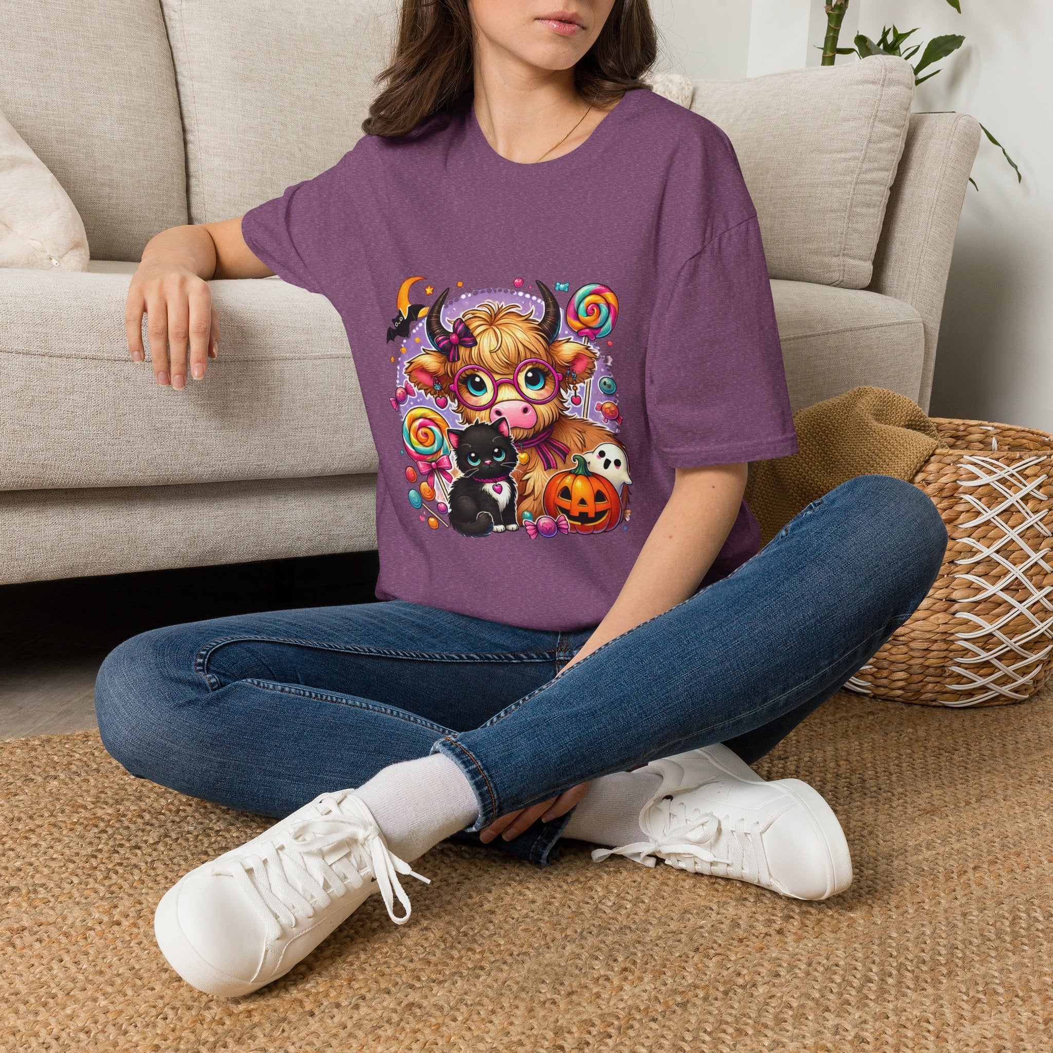 Cute Halloween Cow T-Shirt — Funny Gift for Her Candy Pumpkins & Kitty Costume Tee