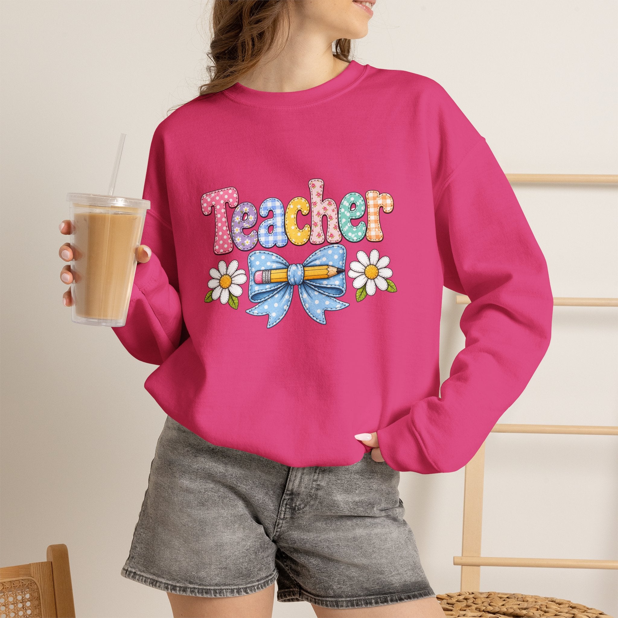 Teacher Floral Bow Sweatshirt — Cute Pastel Gift for Teachers Appreciation Crewneck