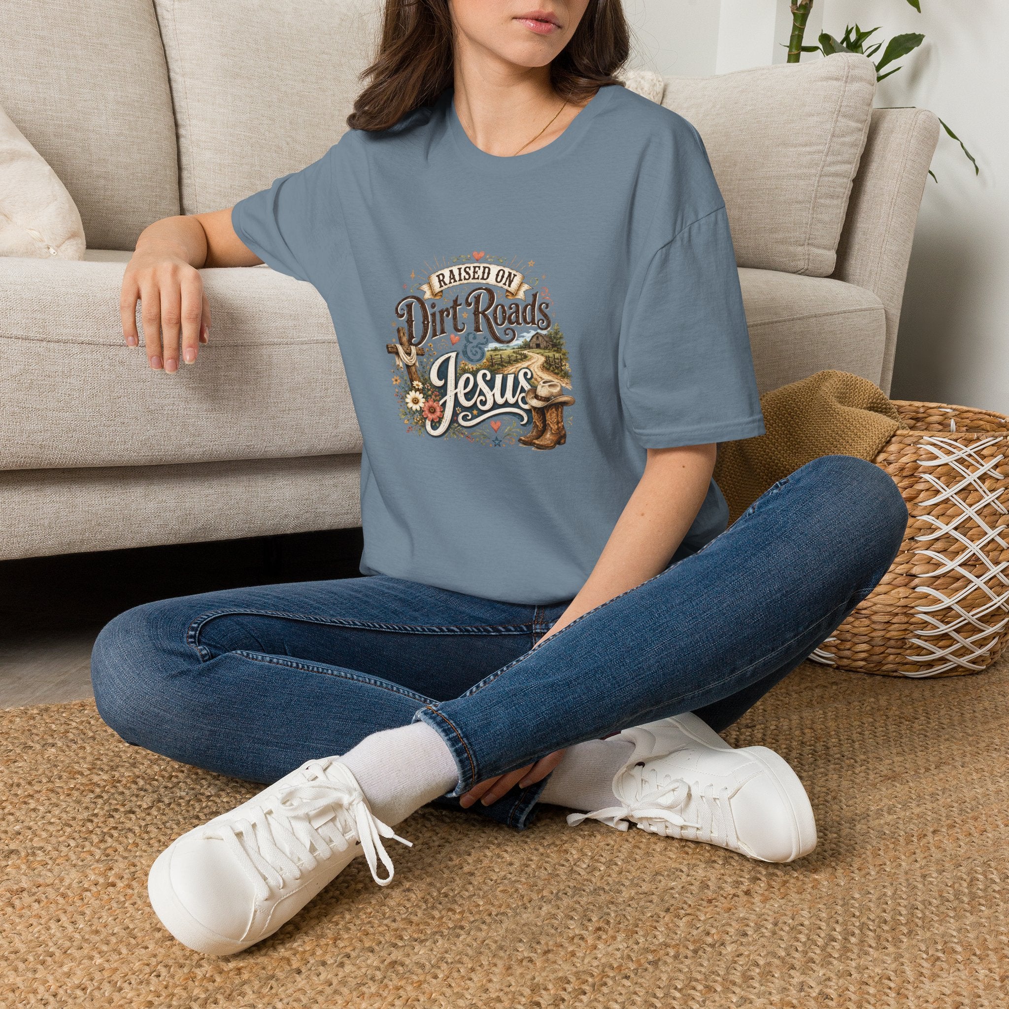 Raised on Dirt Roads & Jesus T-Shirt — Rustic Christian Gift for Women Faith Tee
