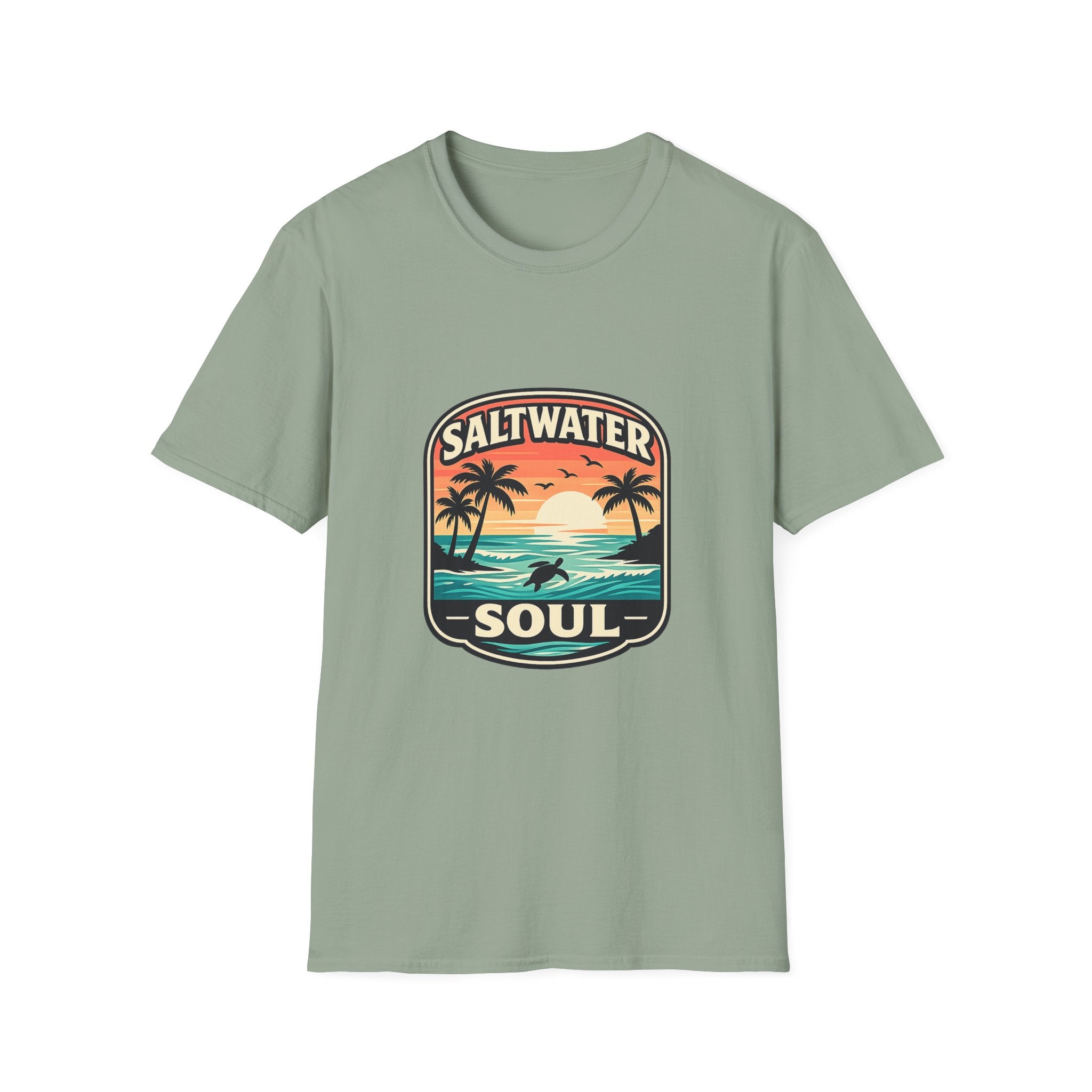 Saltwater Soul Retro Beach T-Shirt — Cute Coastal Gift for Women Sunset Palm Tee