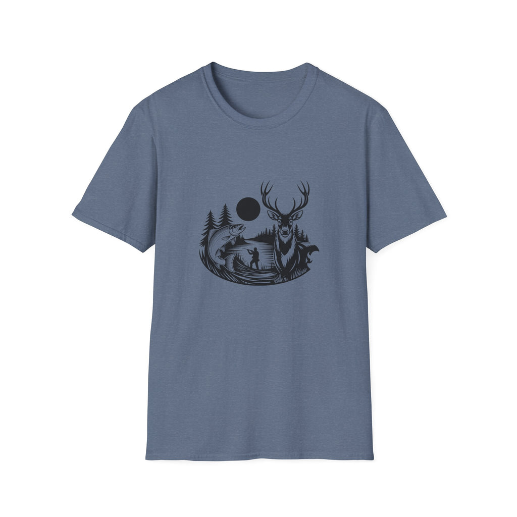 Deer & Fish Forest Silhouette T-Shirt — Rustic Outdoor Gift for Hunters Graphic Tee