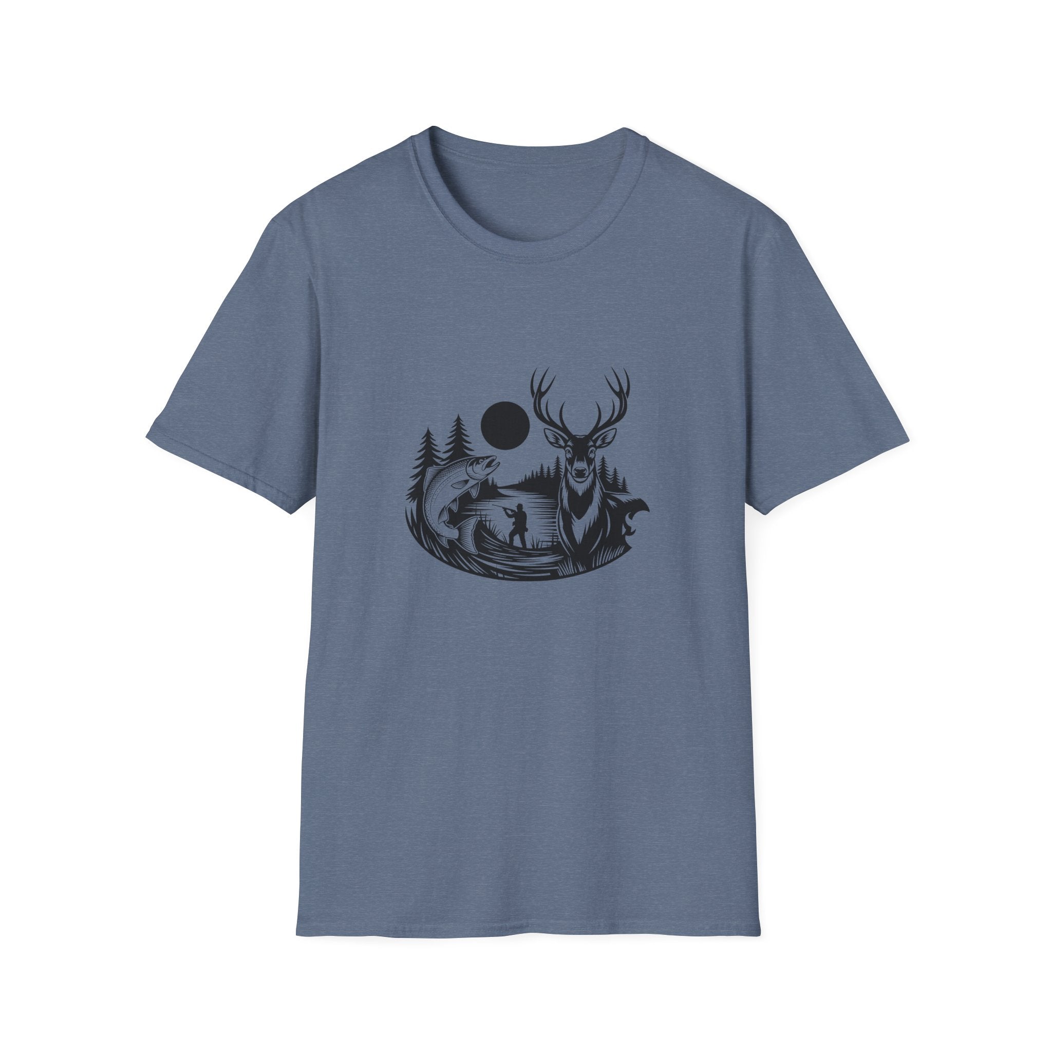 Deer & Fish Forest Silhouette T-Shirt — Rustic Outdoor Gift for Hunters Graphic Tee