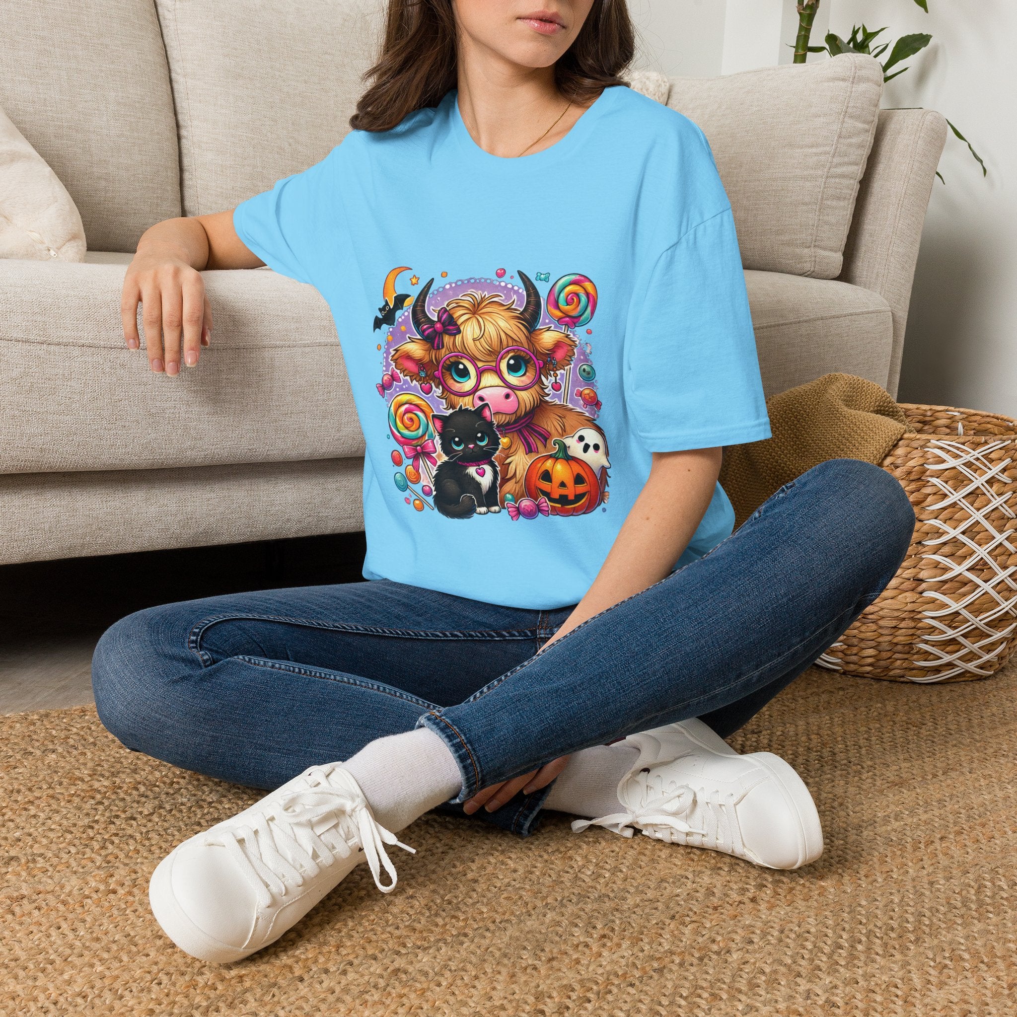 Cute Halloween Cow T-Shirt — Funny Gift for Her Candy Pumpkins & Kitty Costume Tee
