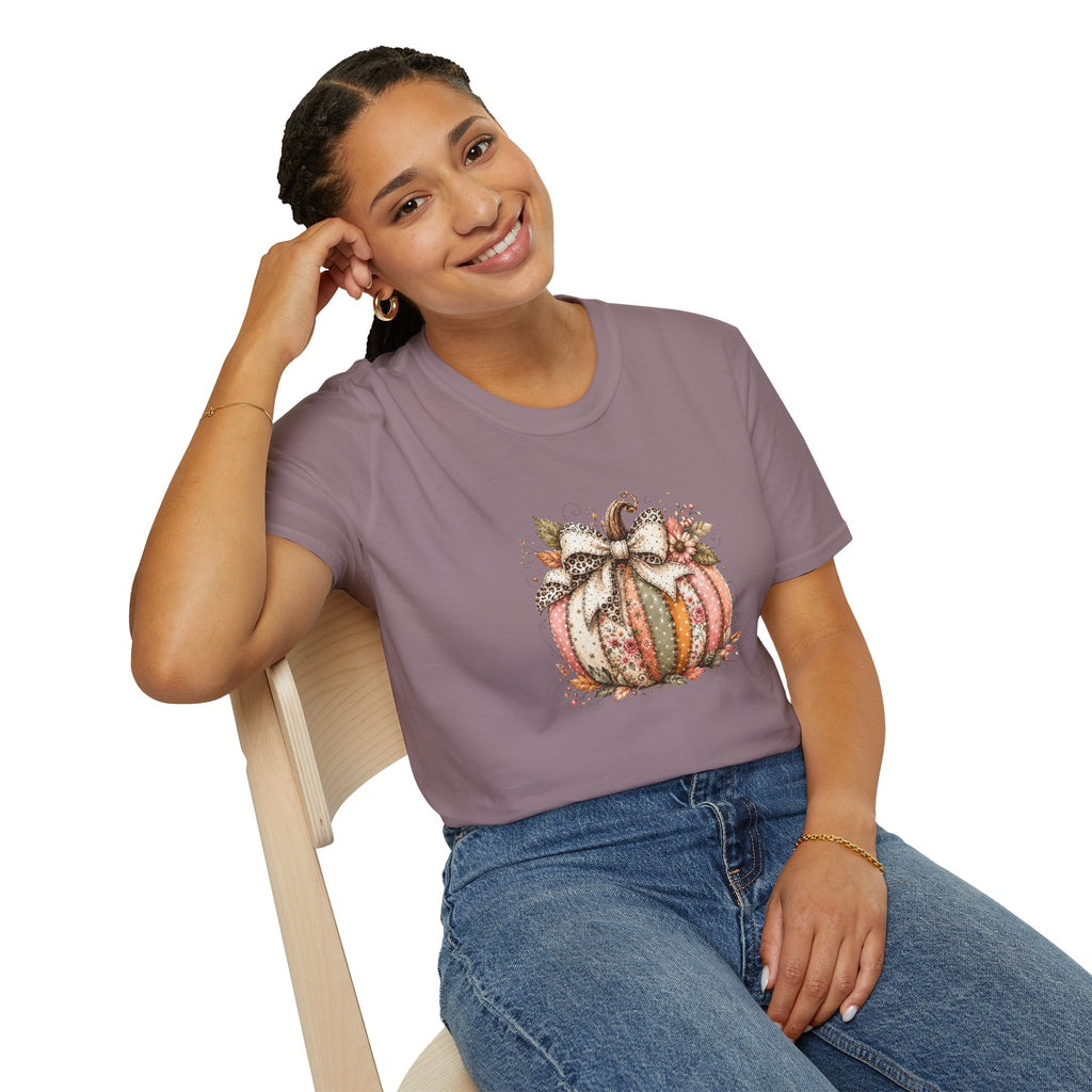 Autumn Floral Pumpkin Leopard Bow T-Shirt — Cute Fall Gift for Women Graphic Tee