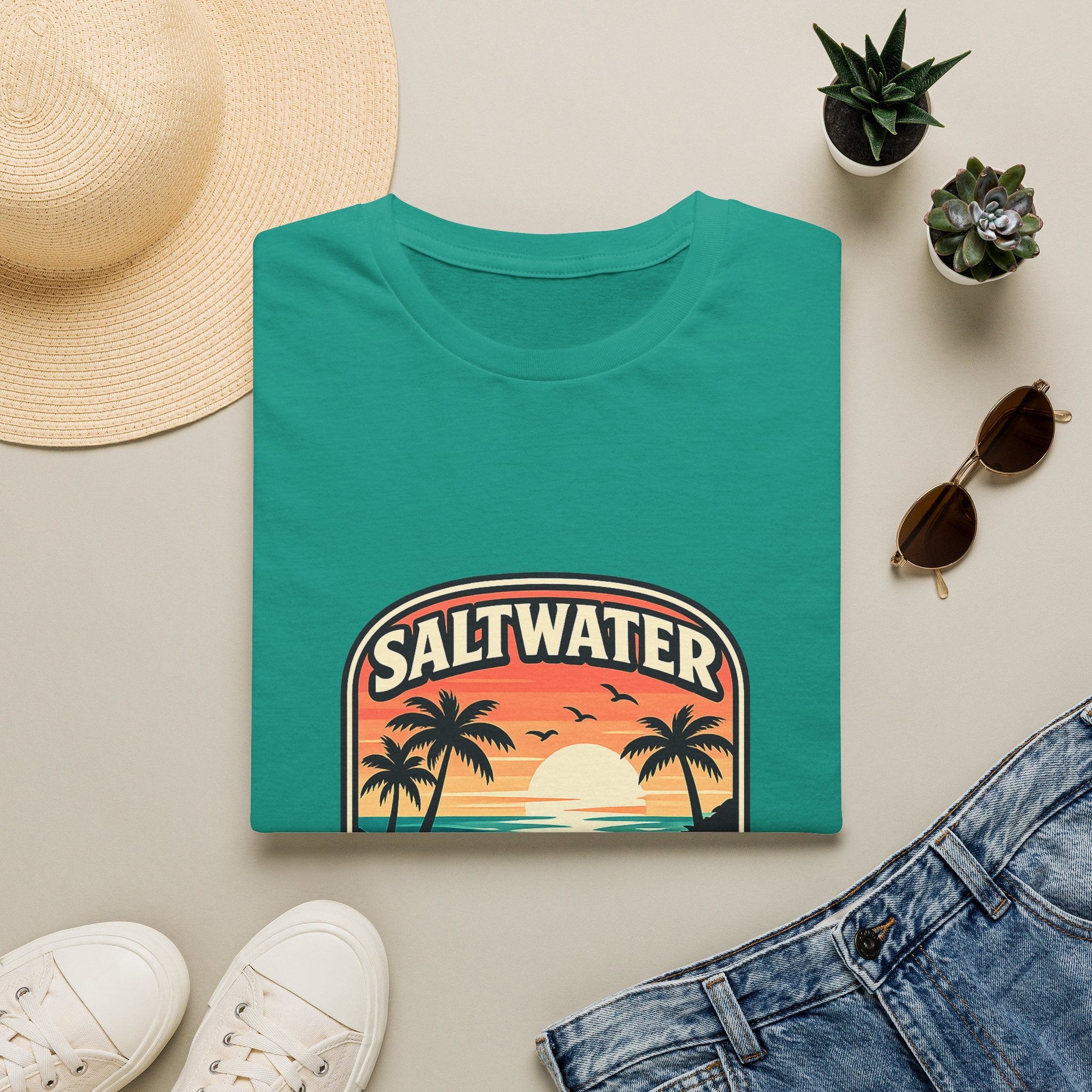 Saltwater Soul Retro Beach T-Shirt — Cute Coastal Gift for Women Sunset Palm Tee