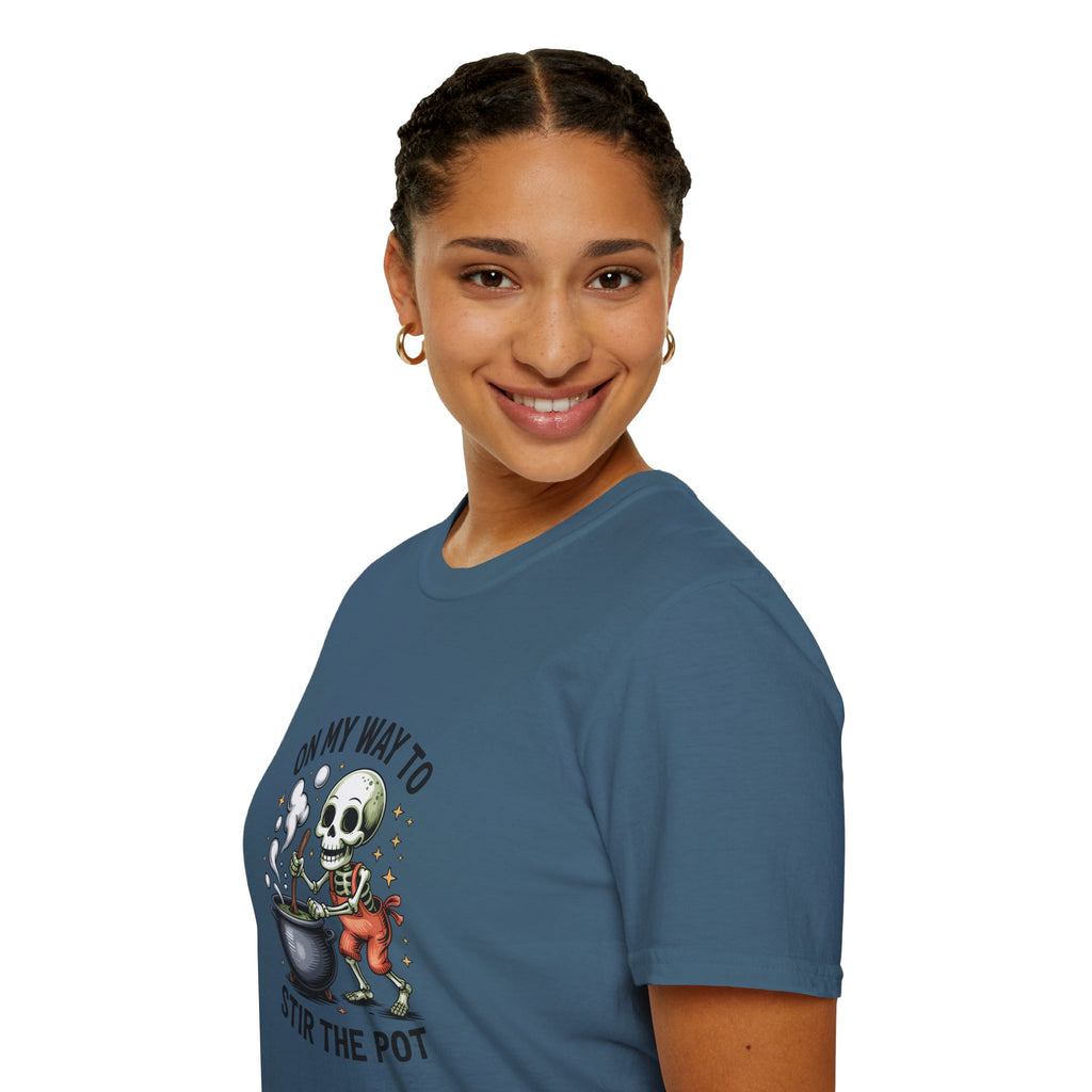 On My Way to Stir the Pot Skeleton T-Shirt — Funny Halloween Gift for Women