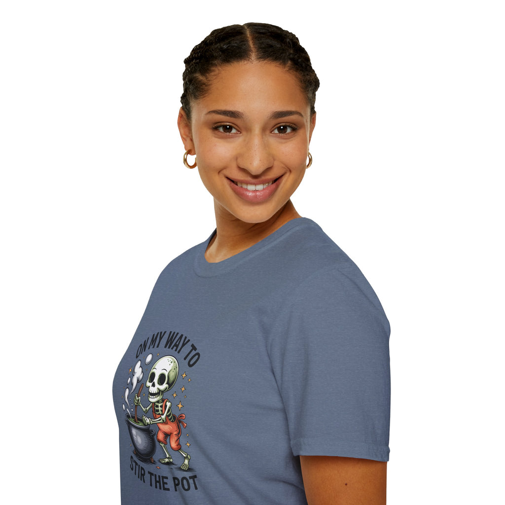 On My Way to Stir the Pot Skeleton T-Shirt — Funny Halloween Gift for Women