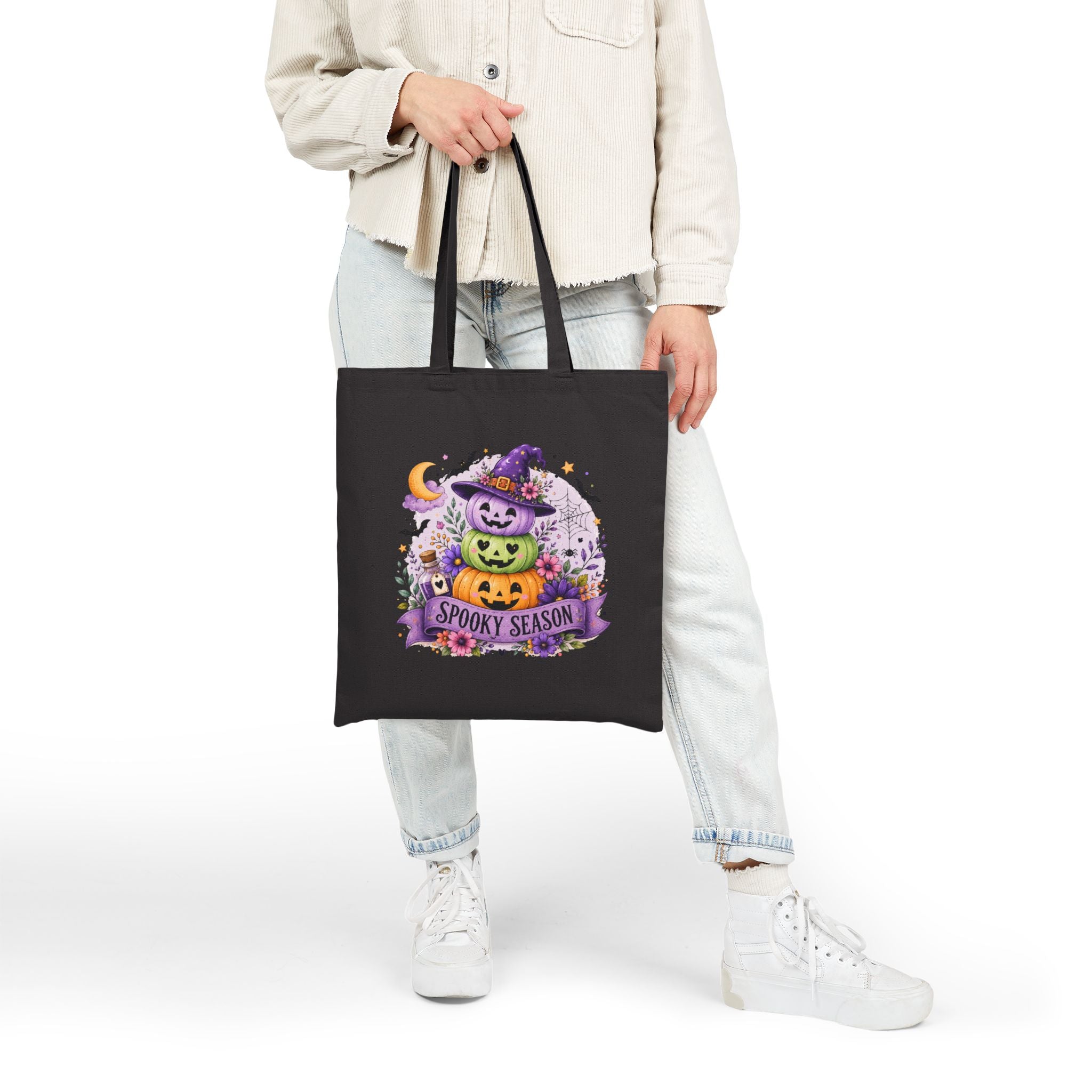 Spooky Season Jack-o'-Lantern Canvas Tote Bag — Cute Halloween Gift for Women