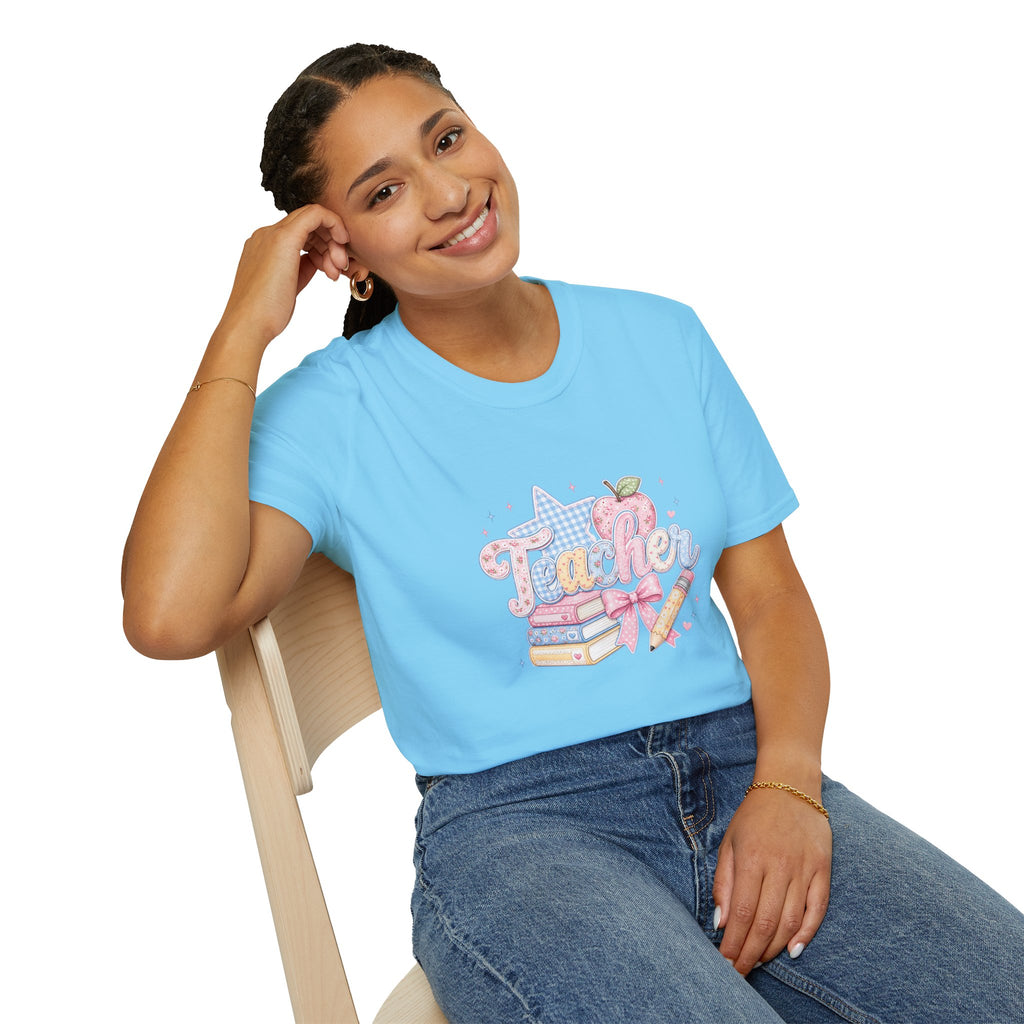 Cute Pastel Apple & Books Teacher T-Shirt — Funny Back-to-School Gift Graphic Tee