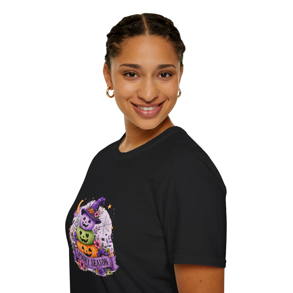 Spooky Season Pumpkin Stack T-Shirt — Cute Halloween Gift for Women Witch Hat Tee