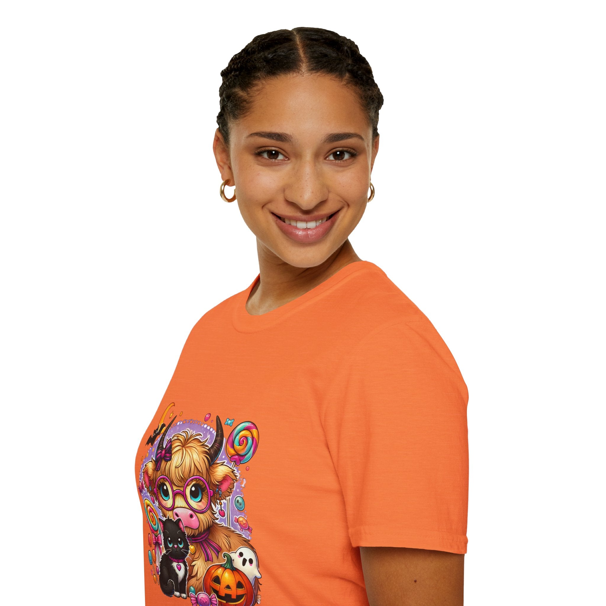 Cute Halloween Cow T-Shirt — Funny Gift for Her Candy Pumpkins & Kitty Costume Tee