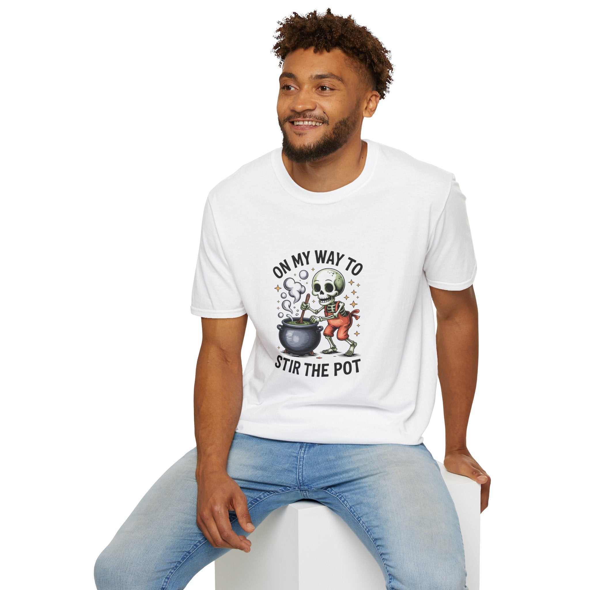 On My Way to Stir the Pot Skeleton T-Shirt — Funny Halloween Gift for Women