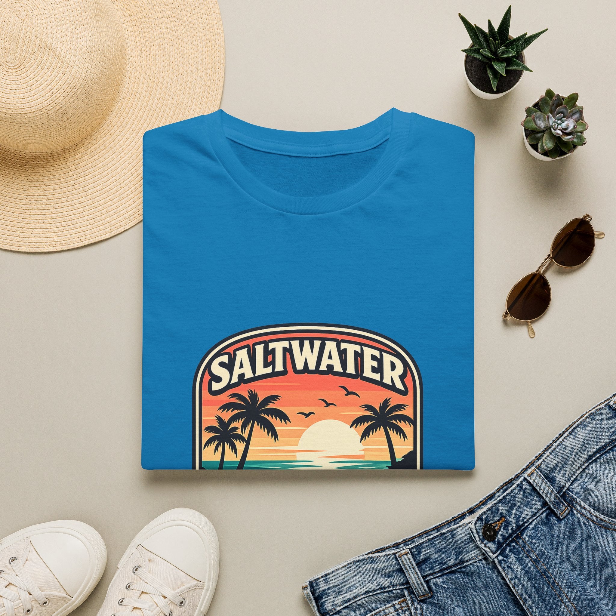 Saltwater Soul Retro Beach T-Shirt — Cute Coastal Gift for Women Sunset Palm Tee