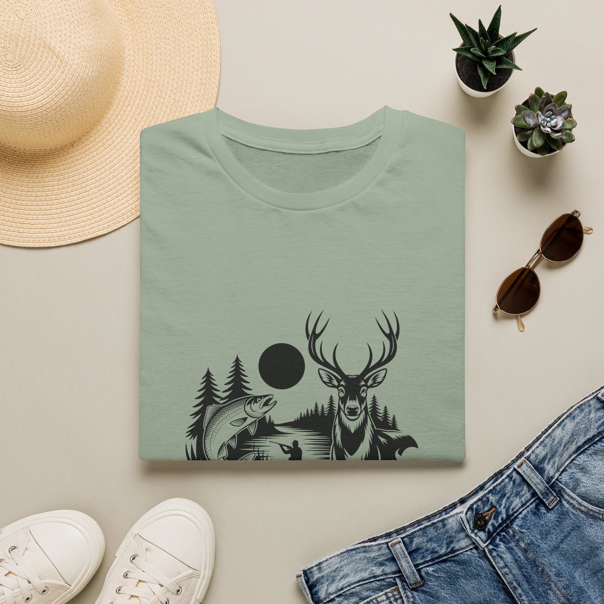 Deer & Fish Forest Silhouette T-Shirt — Rustic Outdoor Gift for Hunters Graphic Tee