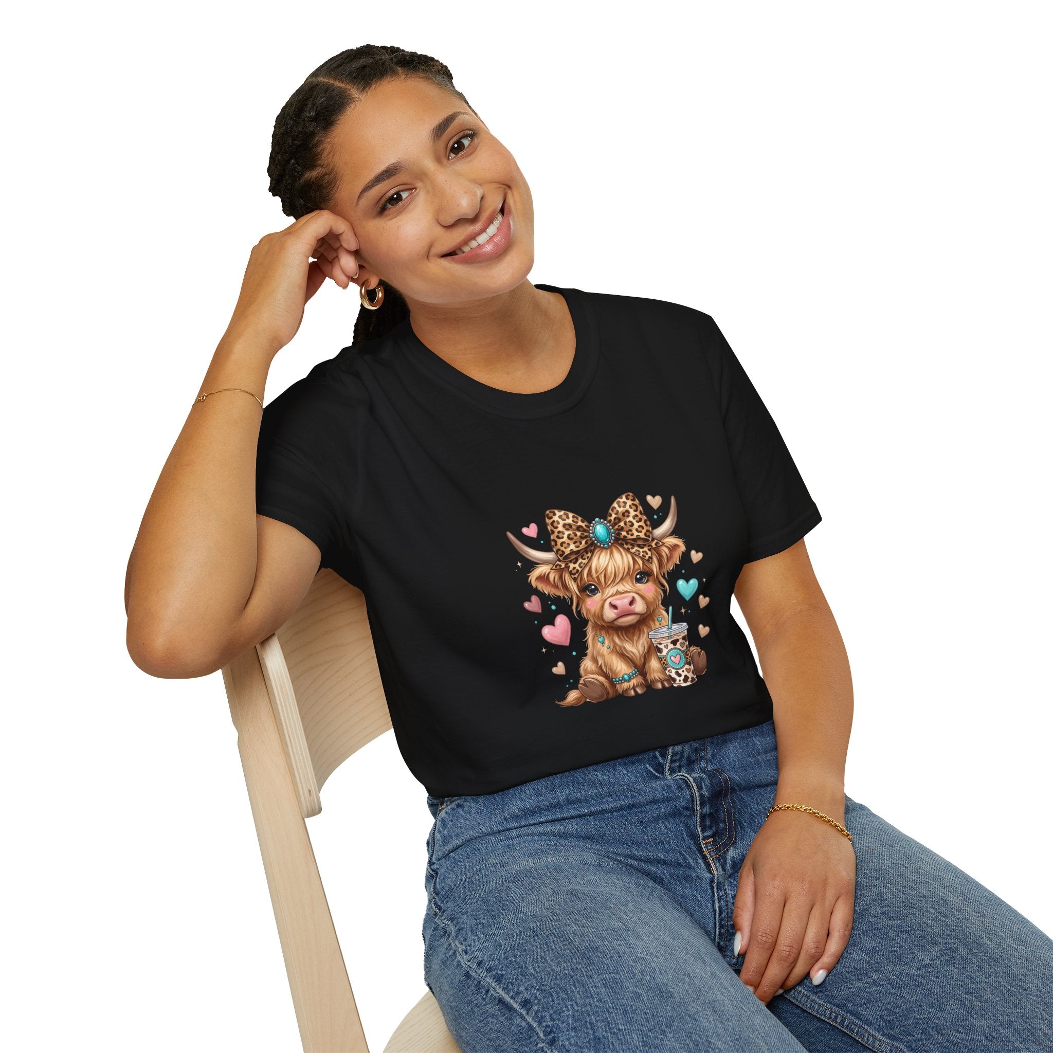 Highland Cow Leopard Bow T-Shirt — Cute Funny Gift for Her Hearts Graphic Tee