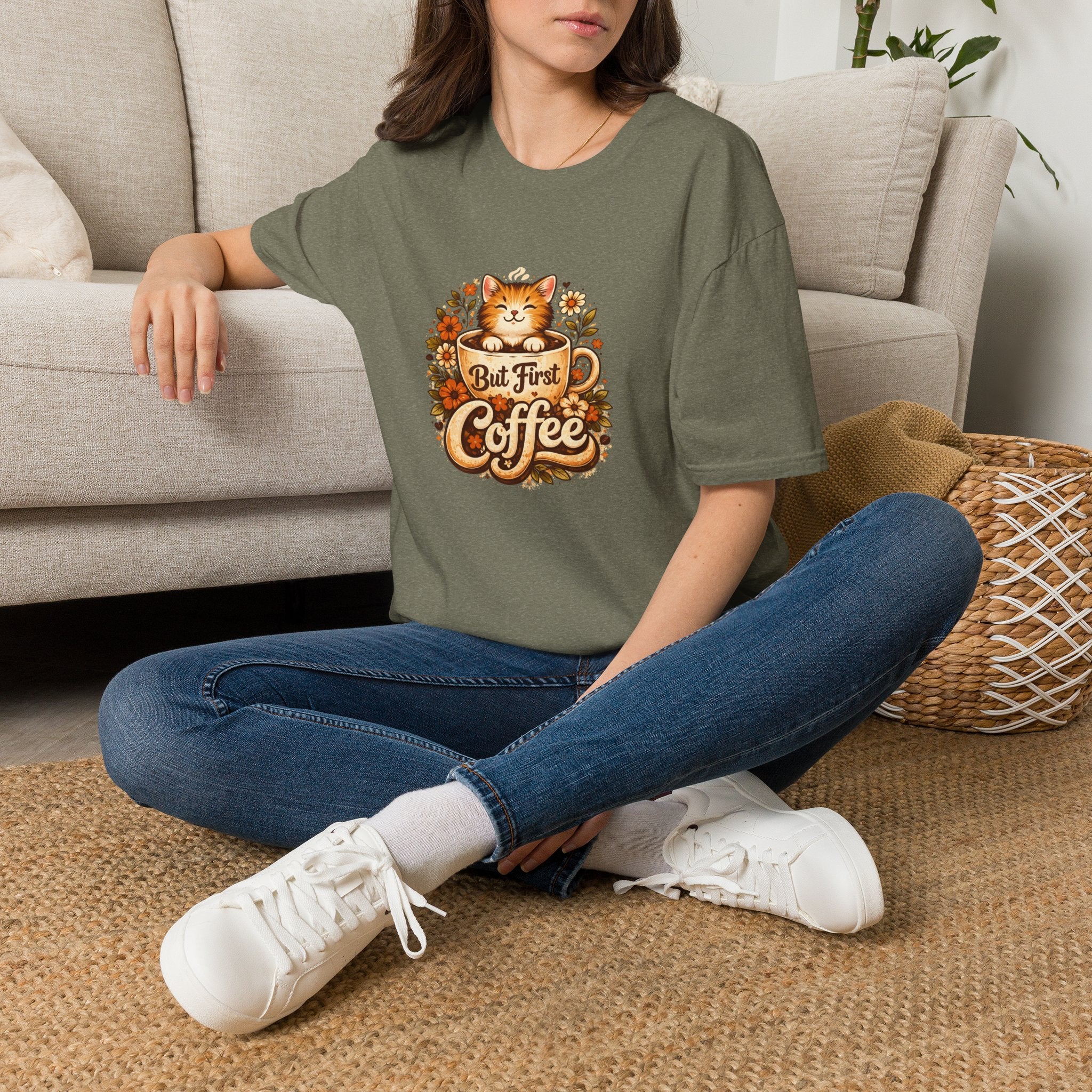 But First Coffee Cat T-Shirt — Cute Floral Gift for Coffee Lovers Women's Tee