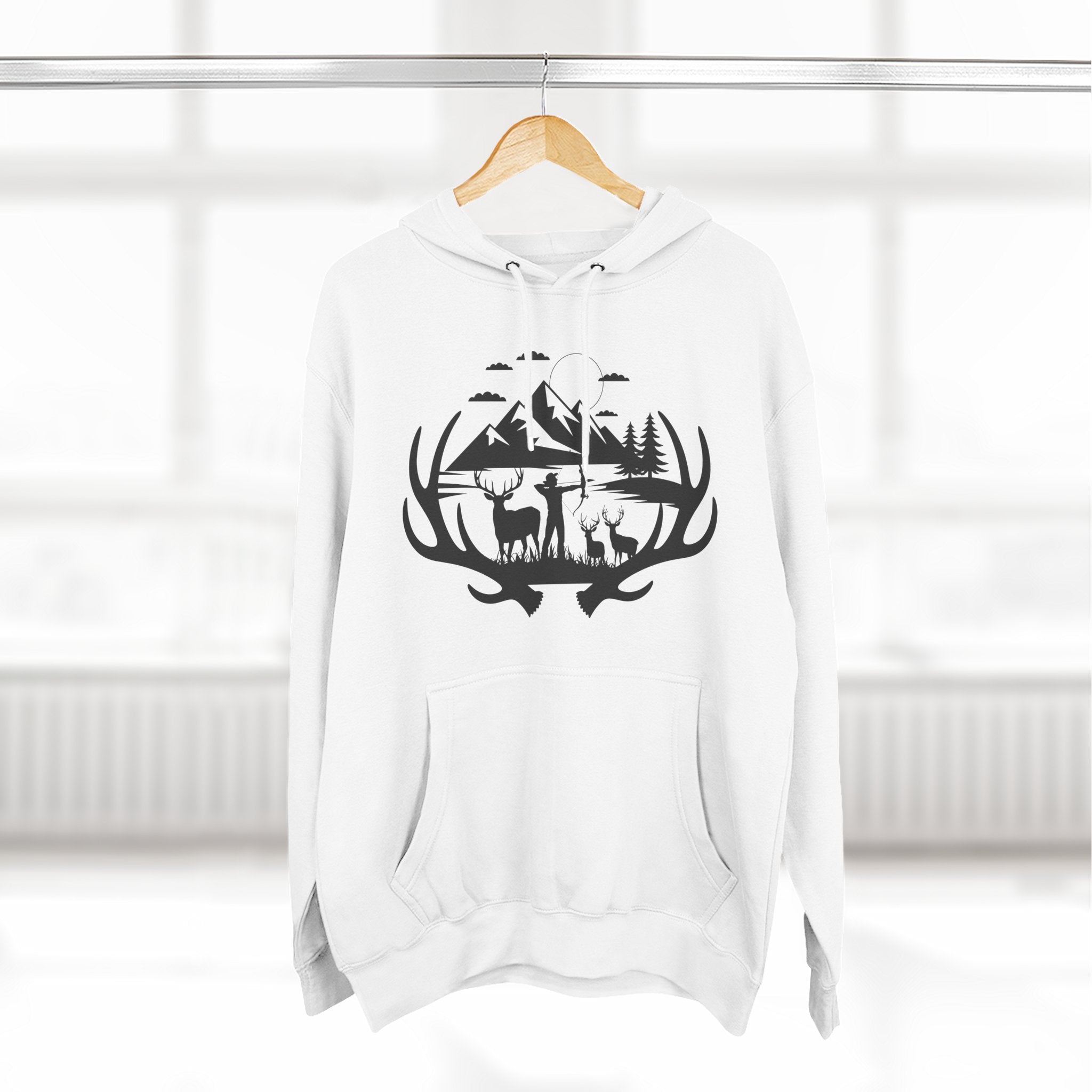 Deer Antler Mountain Hoodie — Rustic Outdoor Gift for Him Wildlife Graphic Pullover