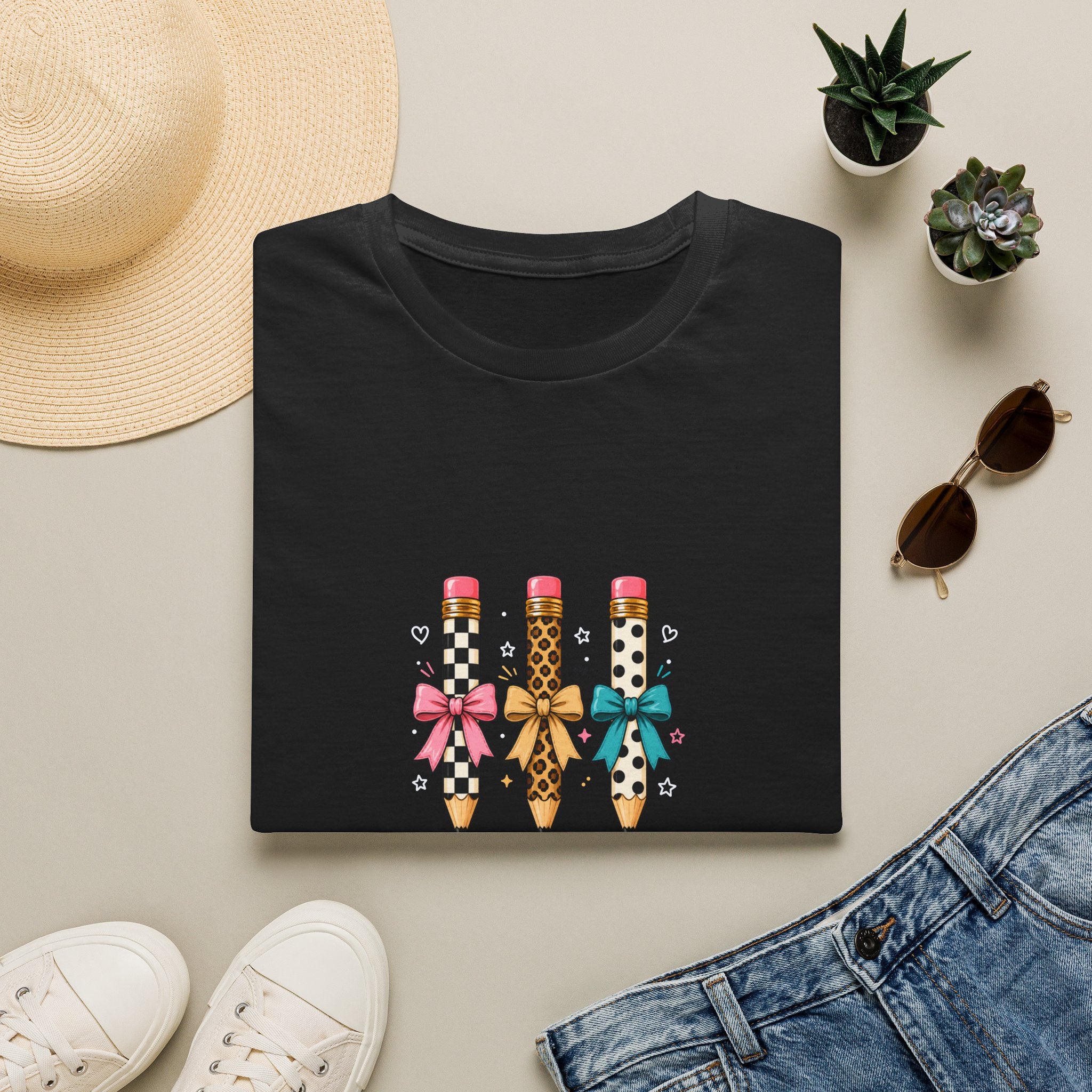 Pencil Trio Graphic T-Shirt — Cute Patterned Pencils with Bows