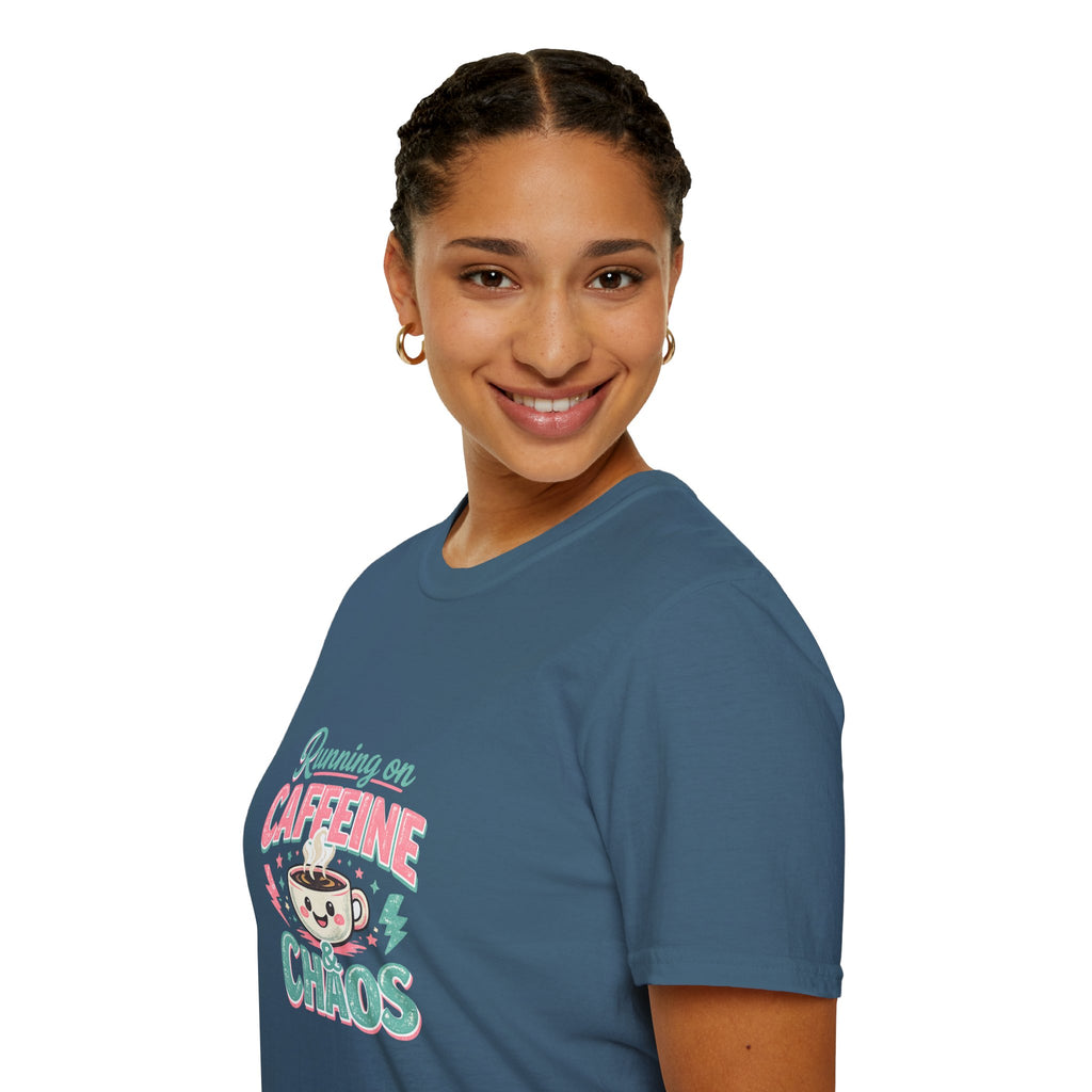 Running on Caffeine & Chaos T-Shirt — Funny Gift for Coffee Loving Moms Graphic Tee