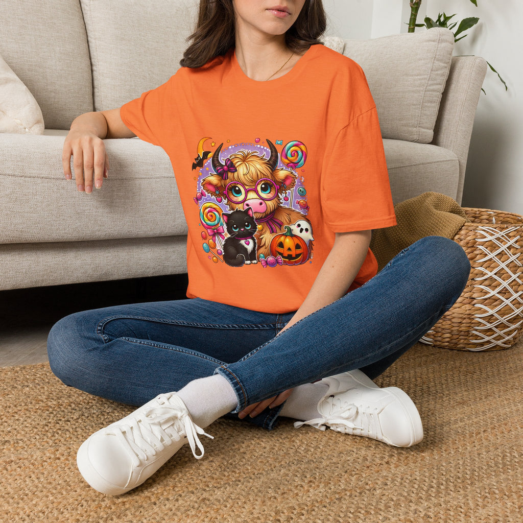 Cute Halloween Cow T-Shirt — Funny Gift for Her Candy Pumpkins & Kitty Costume Tee