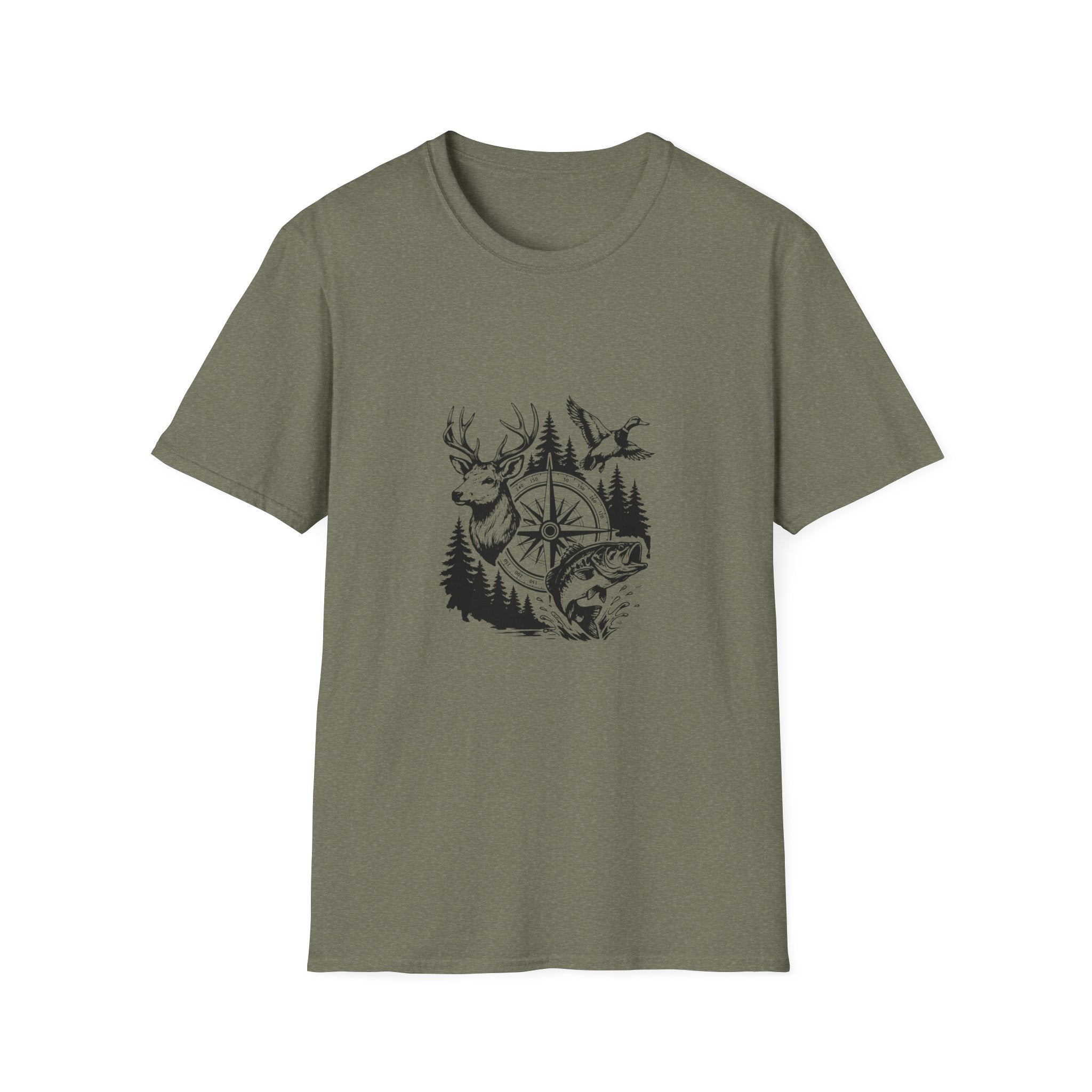 Outdoor Wildlife Compass T-Shirt — Deer Duck & Fish Nature Gift for Hunters