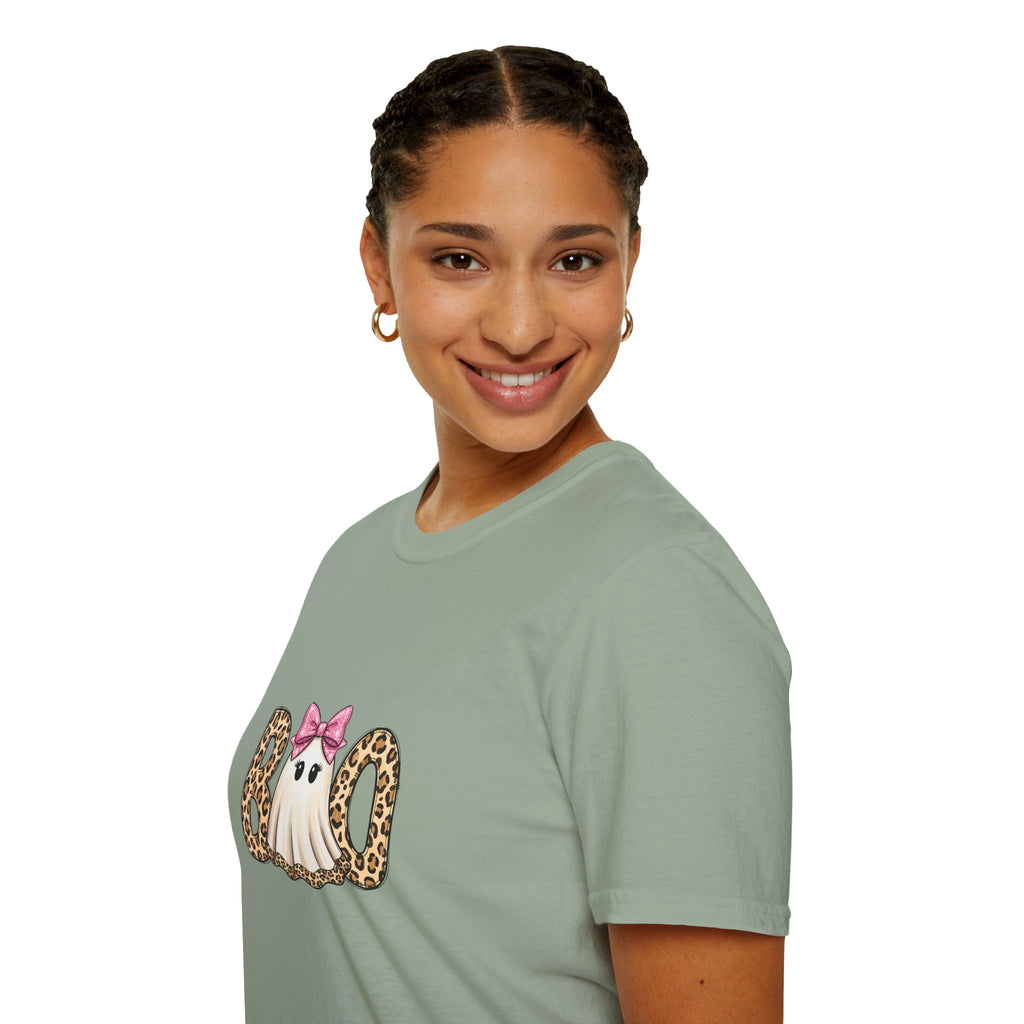 Boo Leopard Ghost T-Shirt — Cute Pink Bow Halloween Gift for Women Graphic Tee