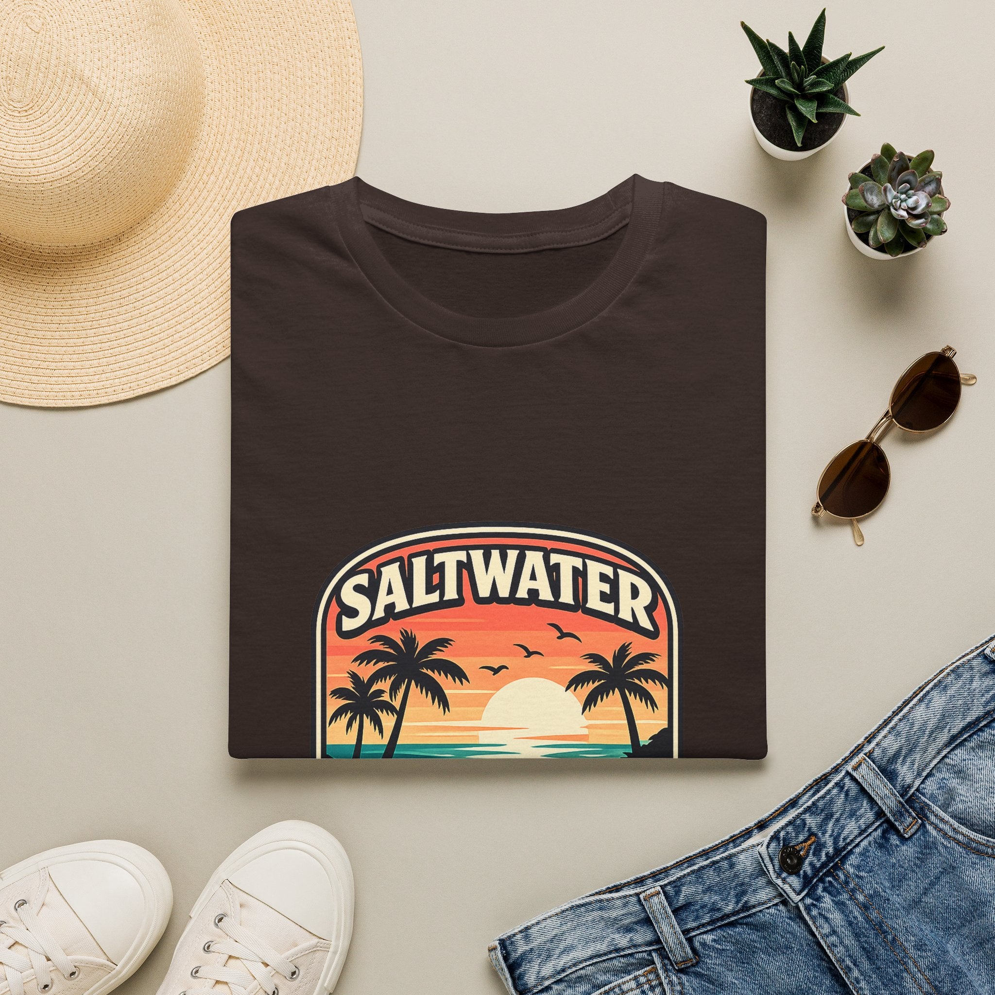 Saltwater Soul Retro Beach T-Shirt — Cute Coastal Gift for Women Sunset Palm Tee